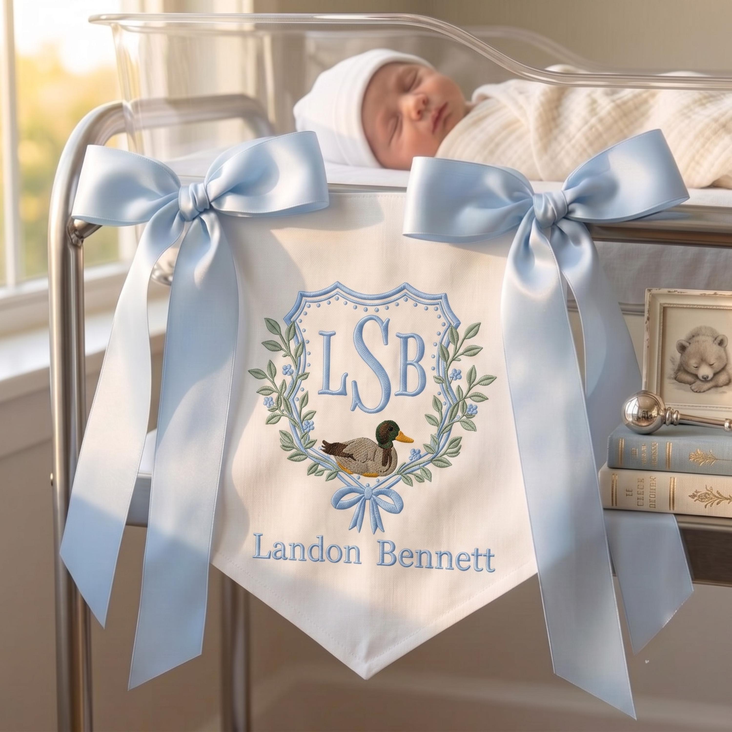 Embroidered Duck Nursery Banner, Personalized Baby Boy Monogram Pennant, Custom Hospital Door Hanger, Mallard Crest Nursery Decor