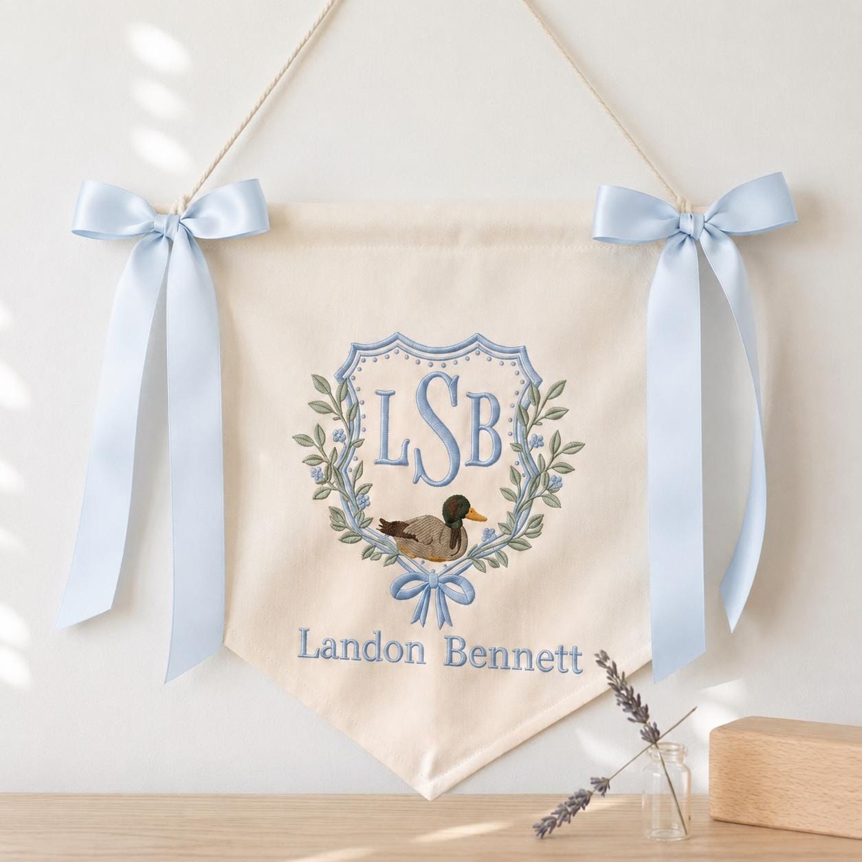 Embroidered Duck Nursery Banner, Personalized Baby Boy Monogram Pennant, Custom Hospital Door Hanger, Mallard Crest Nursery Decor