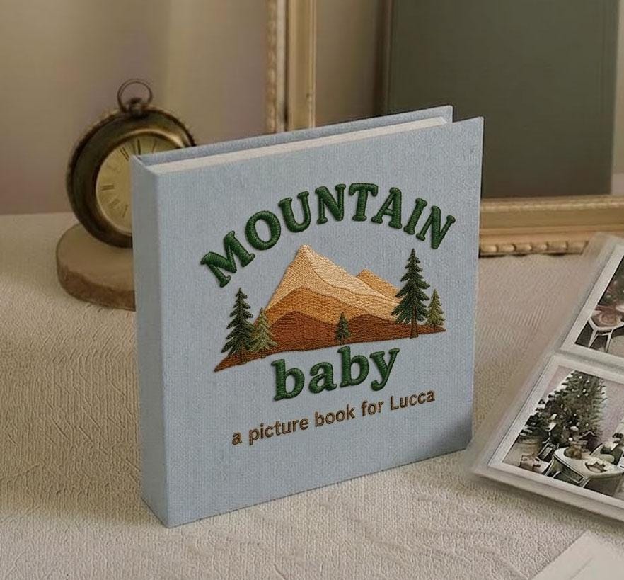 Embroidered Baby Photo Album, Personalized Mountain Memory Book, Custom Linen Scrapbook, Adventure Baby Shower Gift for Boy