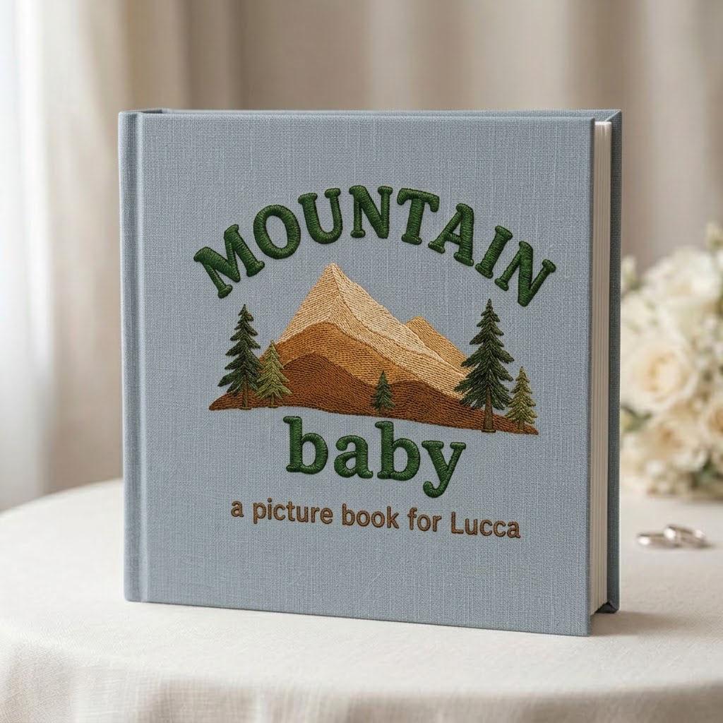 Embroidered Baby Photo Album, Personalized Mountain Memory Book, Custom Linen Scrapbook, Adventure Baby Shower Gift for Boy