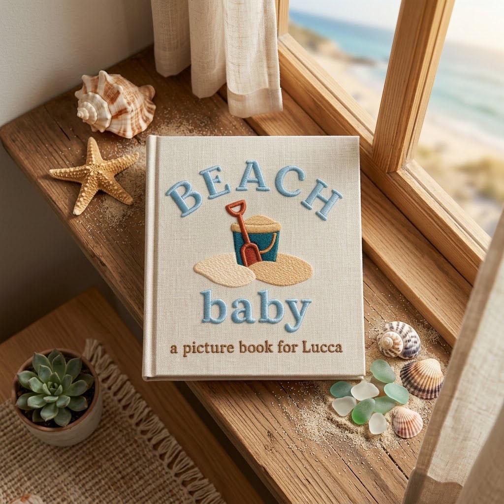 Personalized Baby Photo Album, Embroidered Beach Baby Memory Book, Custom Scrapbook for Boy, Seaside Nursery Gift, Keepsake Picture Book