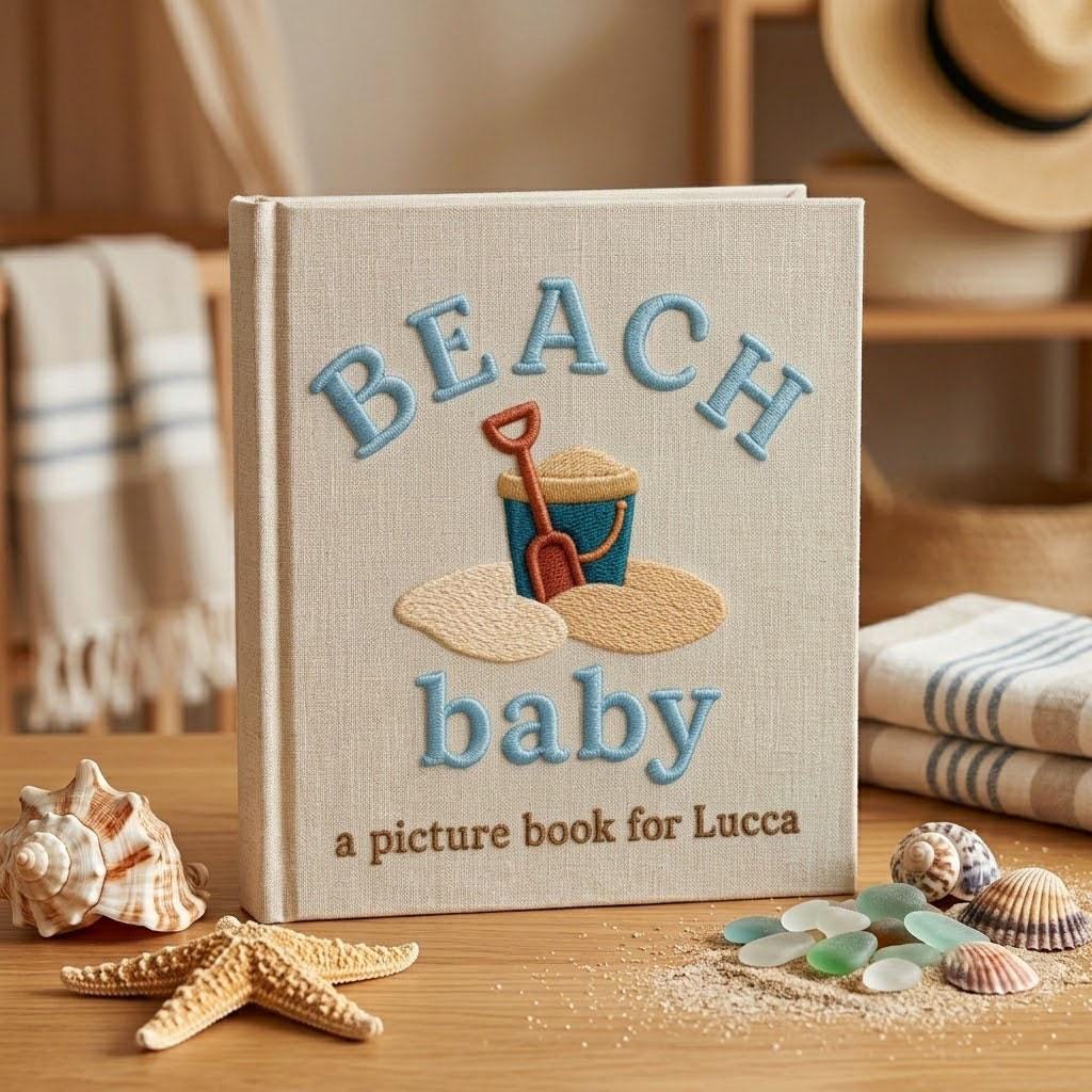 Personalized Baby Photo Album, Embroidered Beach Baby Memory Book, Custom Scrapbook for Boy, Seaside Nursery Gift, Keepsake Picture Book
