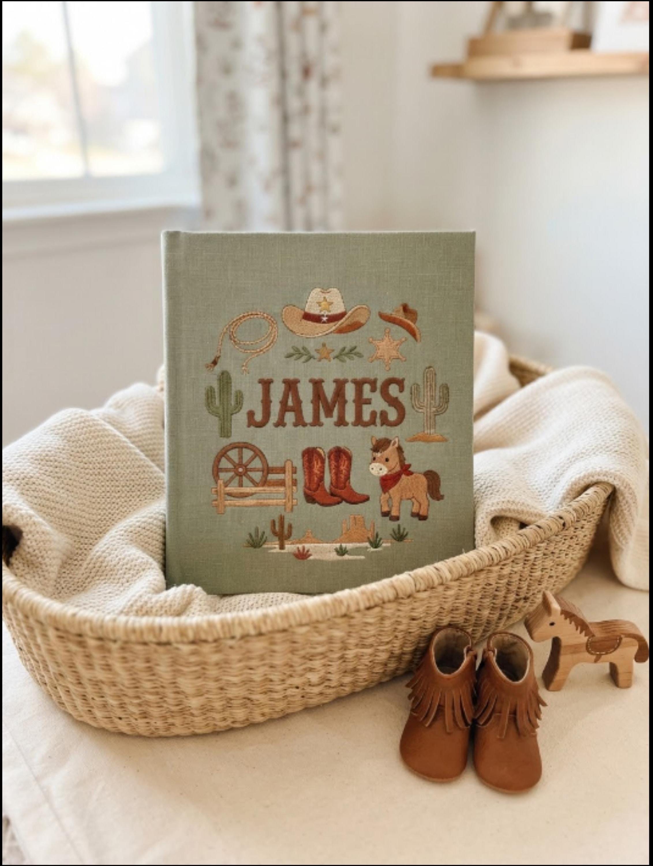 Personalized Cowboy Horse Baby Album, Custom Embroidered Cowboy Hat Boo Photo Album, Baby Shower Gift, Newborn Memory Keepsake