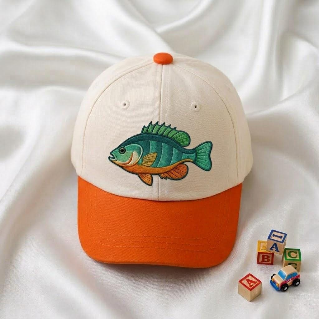 Fish Embroidered Kids Baseball Cap, Toddler Fishing Hat, Boys Summer Cap, Orange Brim Hat