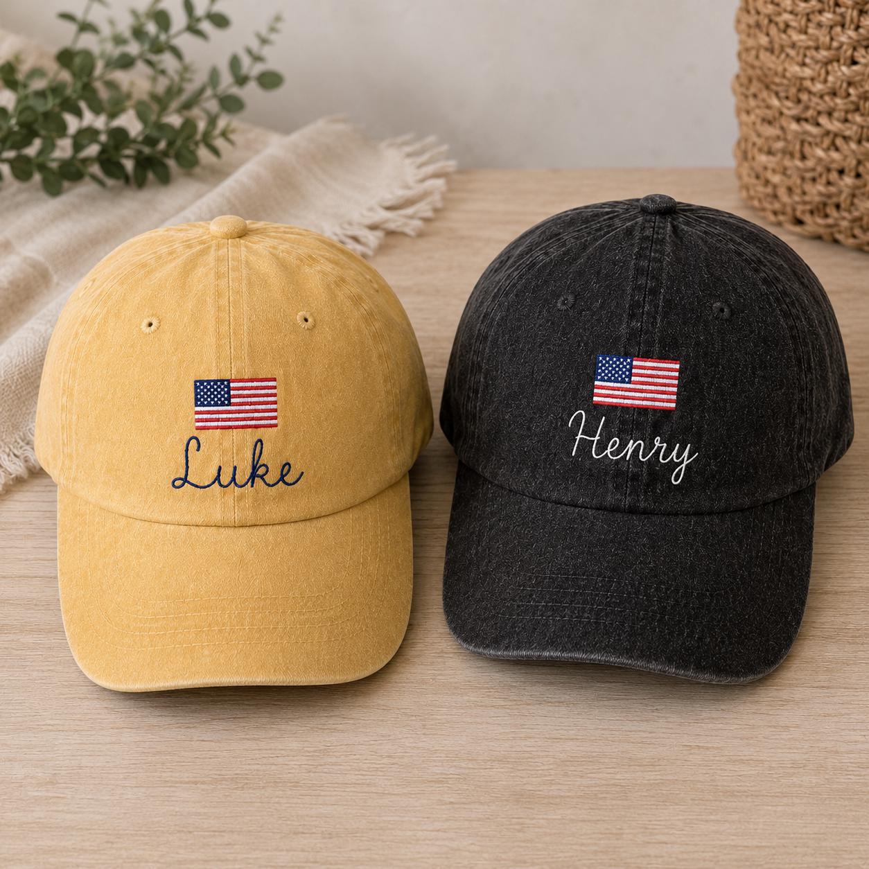 Custom Name Kids Baseball Cap with USA Flag, Embroidered Toddler Youth Patriotic Hat, Personalized 4th of July Gift, Washed Cotton Sun Cap