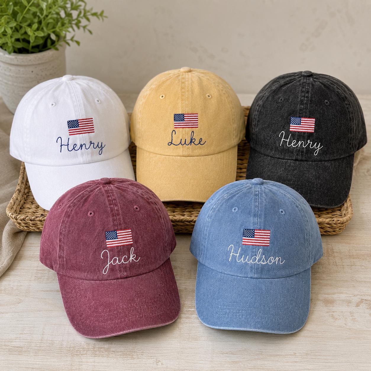Custom Name Kids Baseball Cap with USA Flag, Embroidered Toddler Youth Patriotic Hat, Personalized 4th of July Gift, Washed Cotton Sun Cap