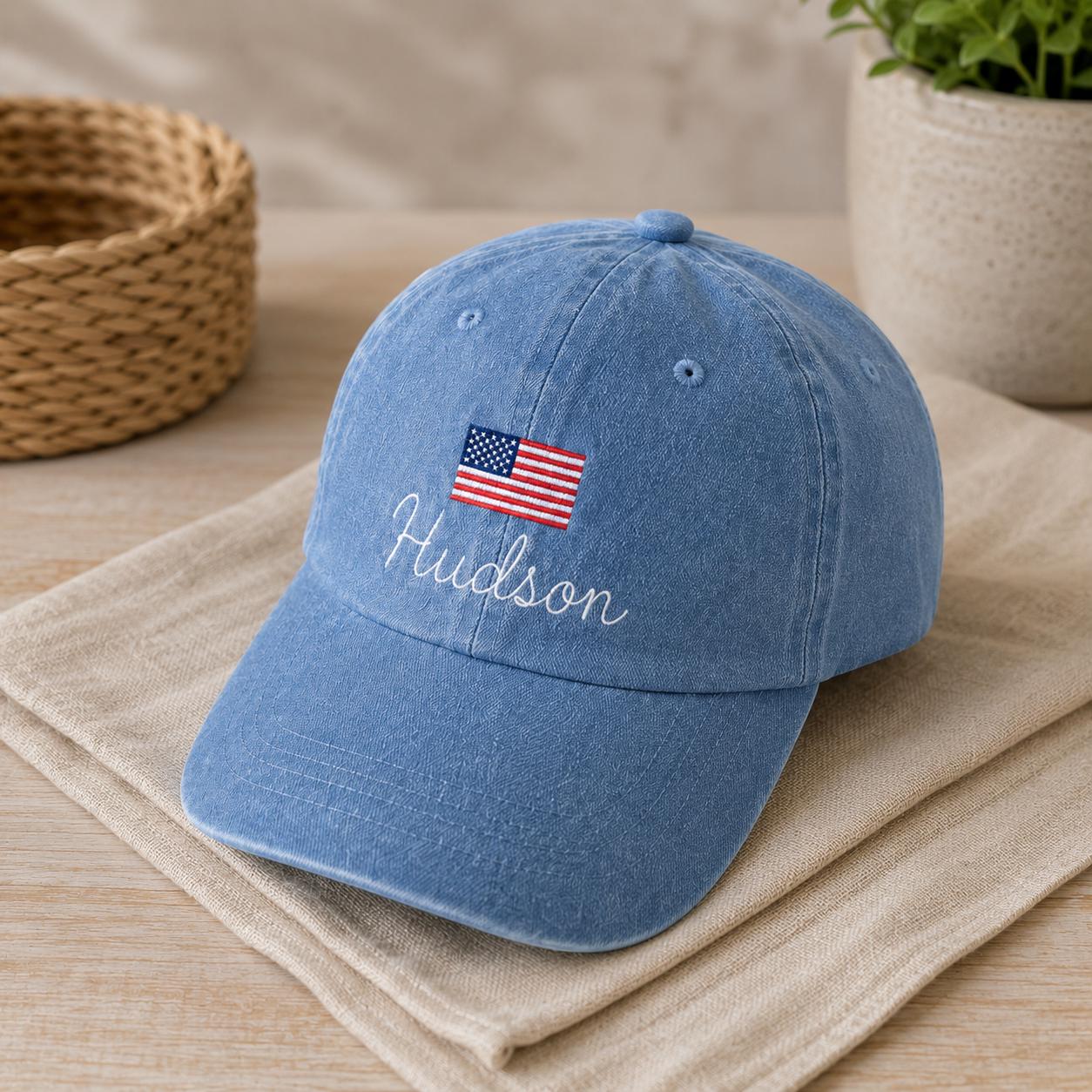 Custom Name Kids Baseball Cap with USA Flag, Embroidered Toddler Youth Patriotic Hat, Personalized 4th of July Gift, Washed Cotton Sun Cap