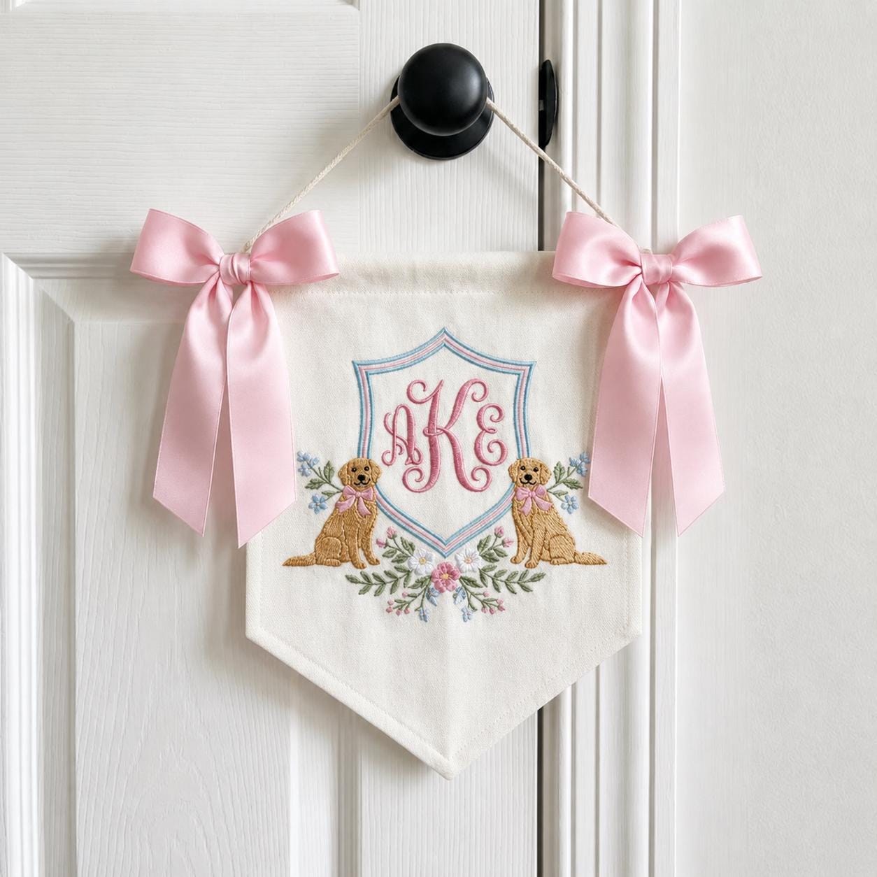 Embroidered Dog Lover Baby Banner, Nursery Baby Wall Hanging, Baby Shower Gift, Welcome Banner, Baby Name Hospital Door Hanger