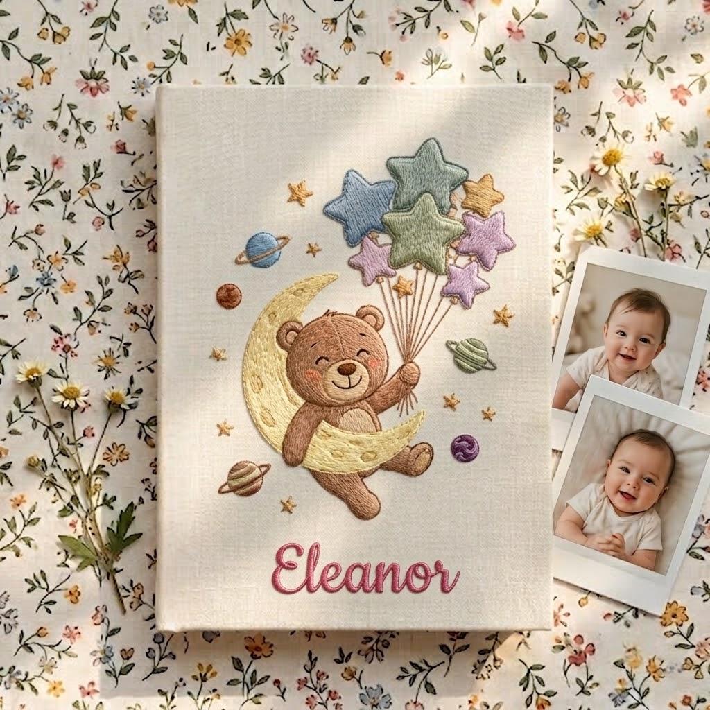 Custom Embroidered Teddy Bear Moon Baby Photo Album, Personalized Star Balloons Linen Baby Memory Book, Nursery Gift
