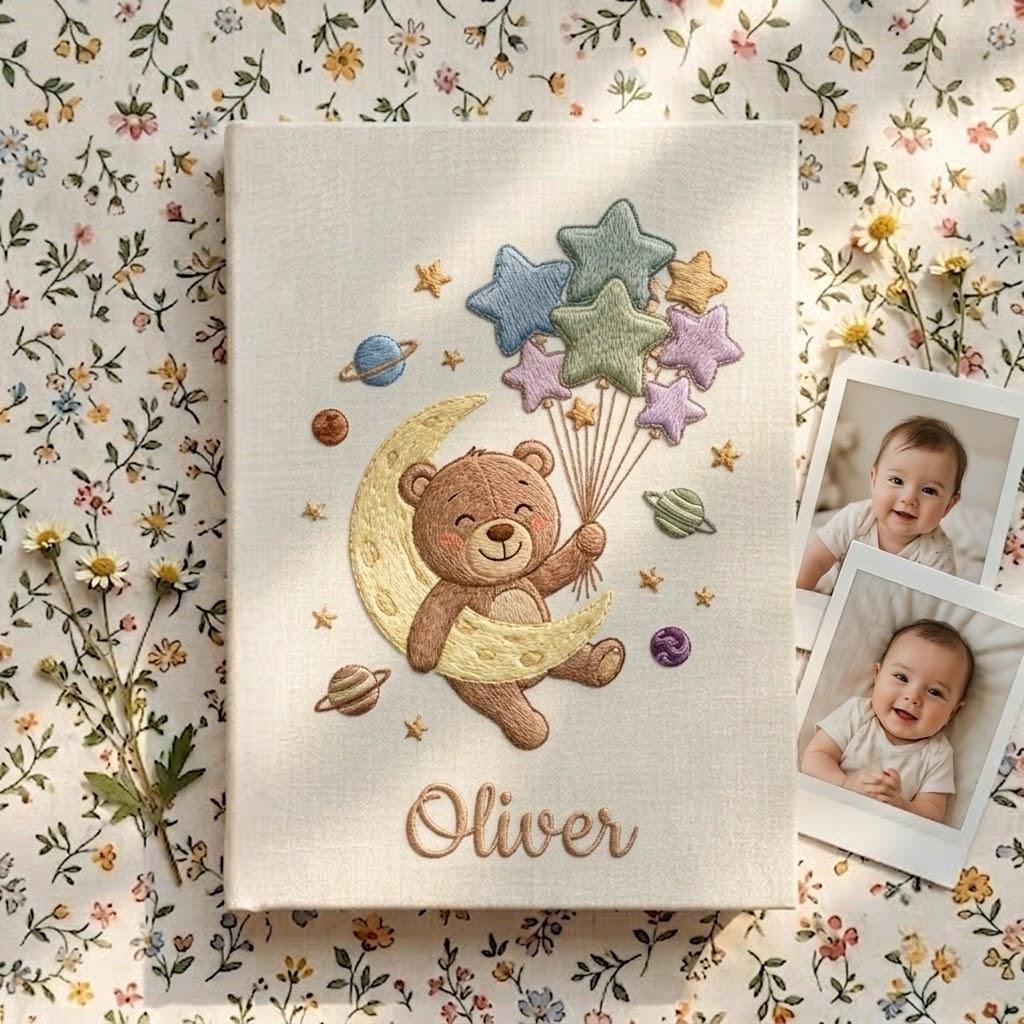 Custom Embroidered Teddy Bear Moon Baby Photo Album, Personalized Star Balloons Linen Baby Memory Book, Nursery Gift