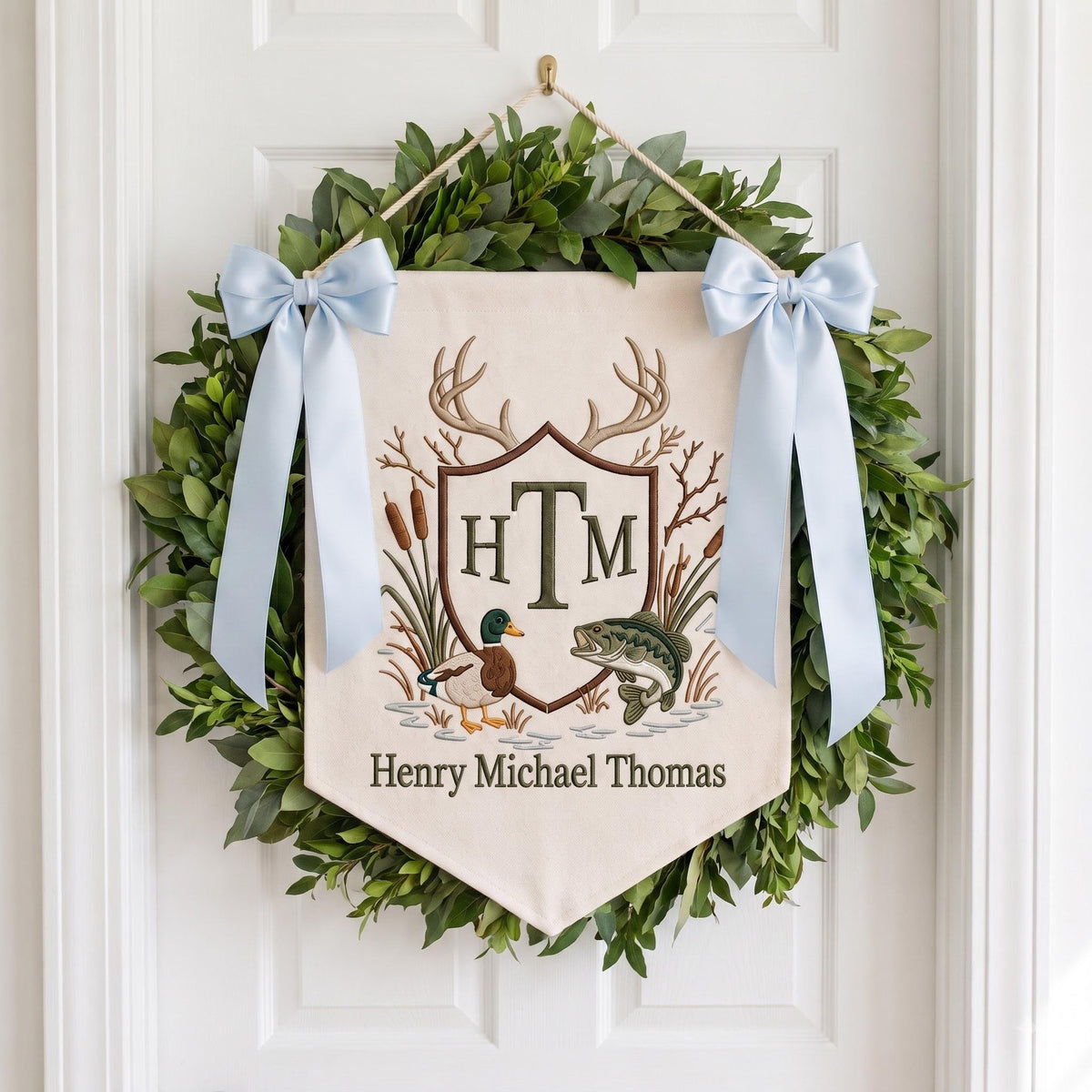 Custom Mallard Duck Nursery Banner, Embroidered Boy Name Pennant, Monogram Baby Room Decor, Hunting Theme Baby Gift