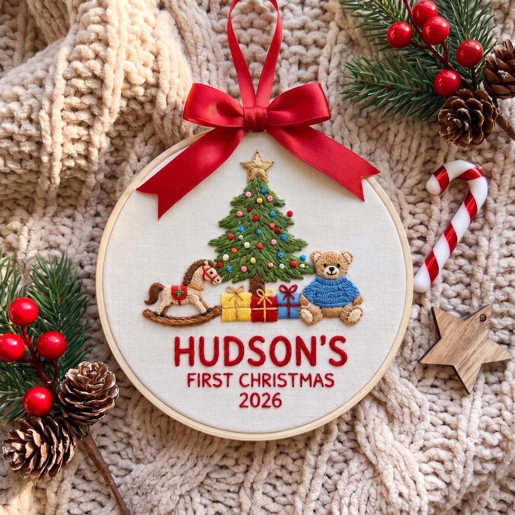 Baby First Christmas 2026 Ornament, Personalized Embroidered Hoop Keepsake, Custom Newborn Name Gift, Nursery Teddy Bear Decor