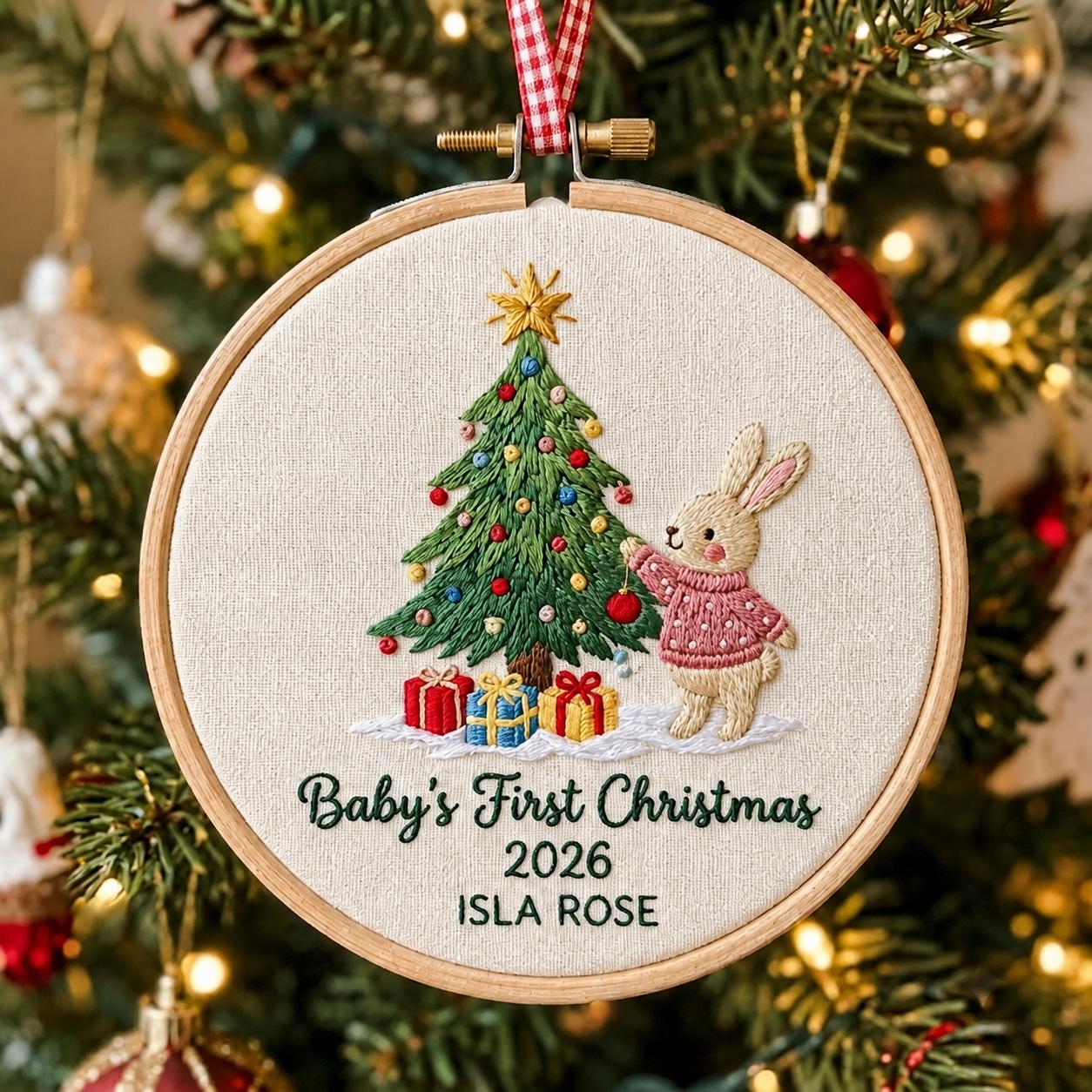 Embroidered Little Bunny Christmas Ornament, Embroidered Baby Girl First Christmas Name Hoop, Baby 1st Christmas Ornament, Baby Shower Gift
