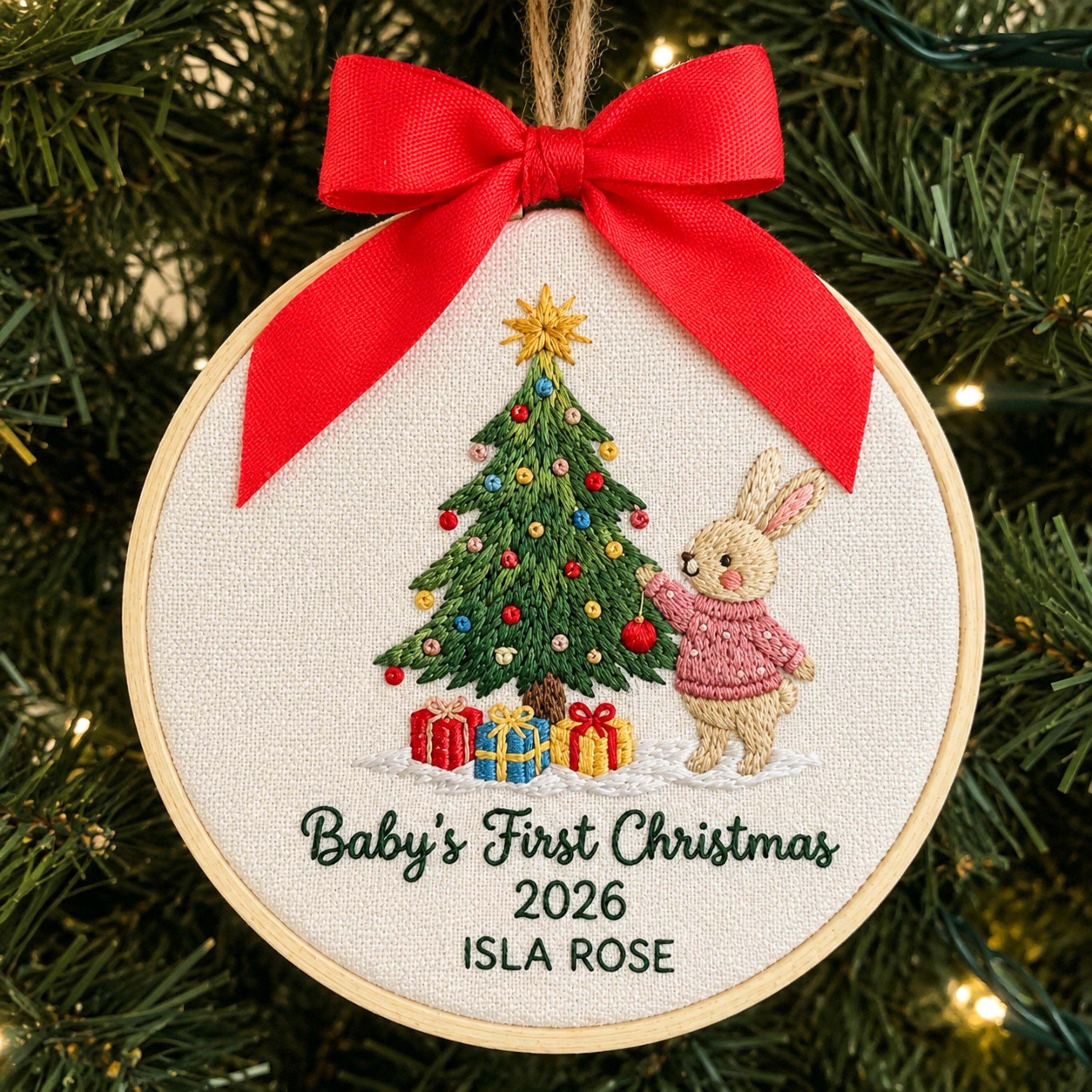 Embroidered Little Bunny Christmas Ornament, Embroidered Baby Girl First Christmas Name Hoop, Baby 1st Christmas Ornament, Baby Shower Gift
