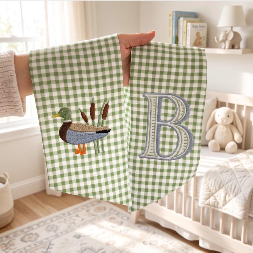 Personalized Baby Wreath Sash, Mallard Duck Monogram Sash, Gingham Nursery Wreath Bow, Baby Boy Door Decor, Custom Initial Gift