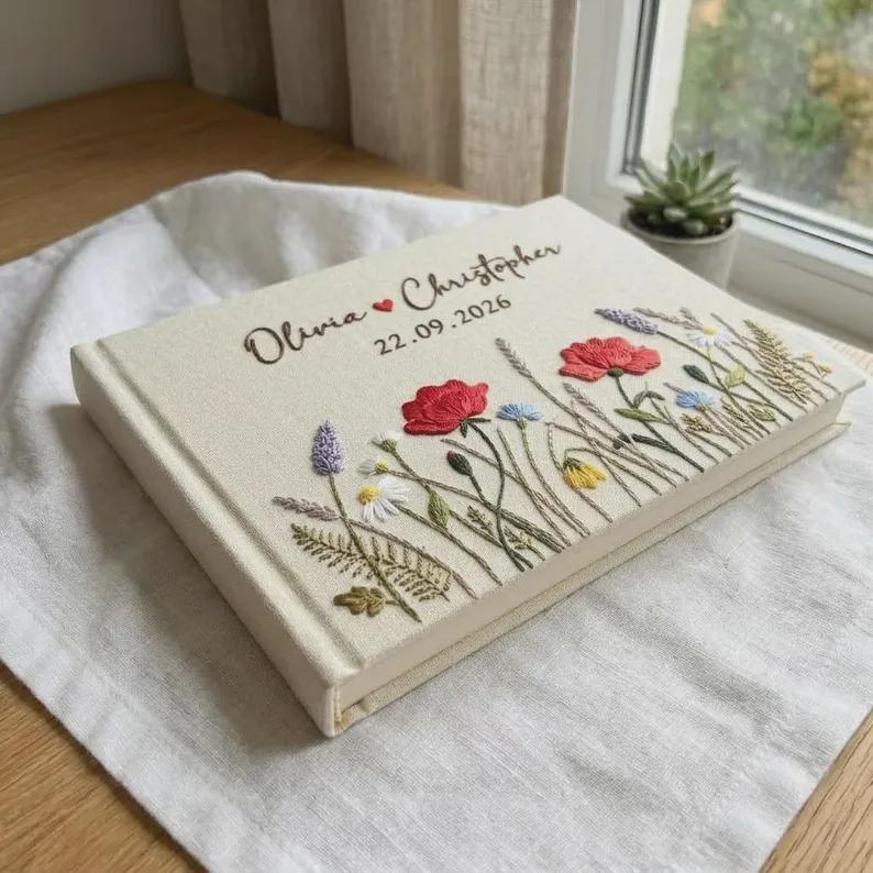 Personalized Wildflower Embroidered Wedding Guest Book, Custom Linen Vow Book, Floral Wedding Album Memory Journal for Bridal Shower