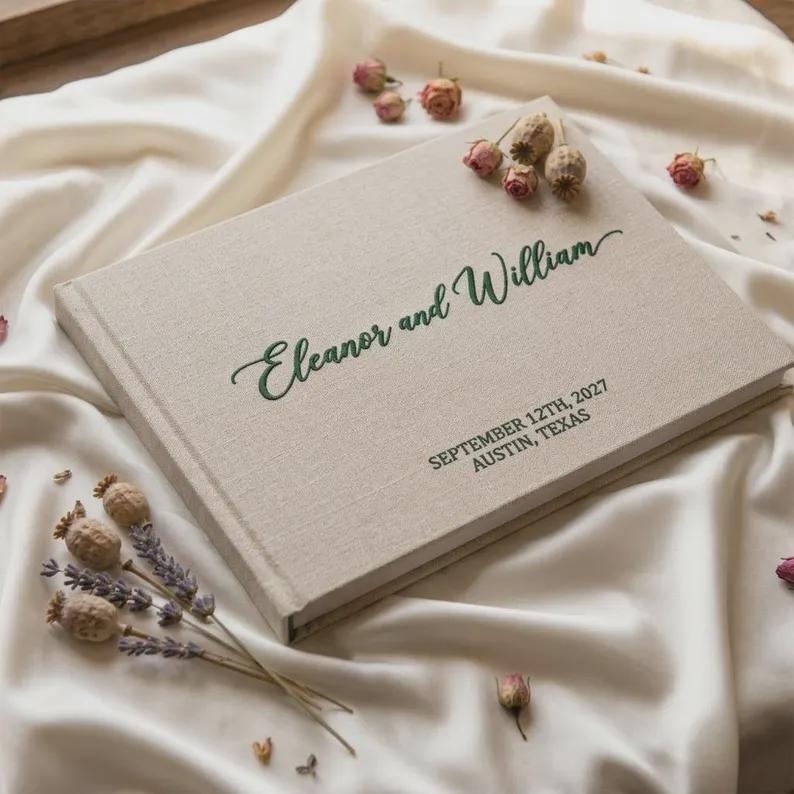 Personalized Wedding Guest Book, Custom Embroidered Linen Guestbook, Boho Wedding Reception Sign In Book, Bridal Shower Gift