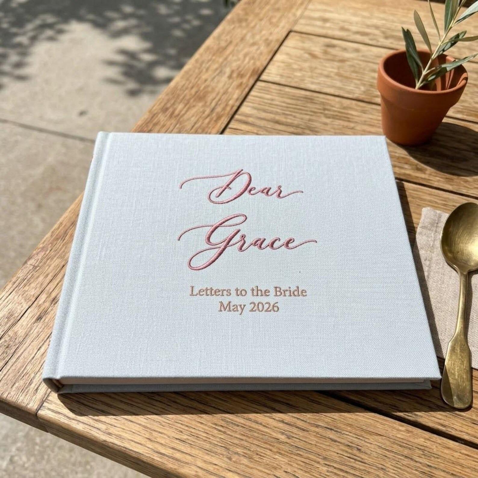 Personalized Letters to the Bride Book, Embroidered Linen Wedding Guest Book, Custom Bridal Shower Gift, Future Mrs Keepsake Album