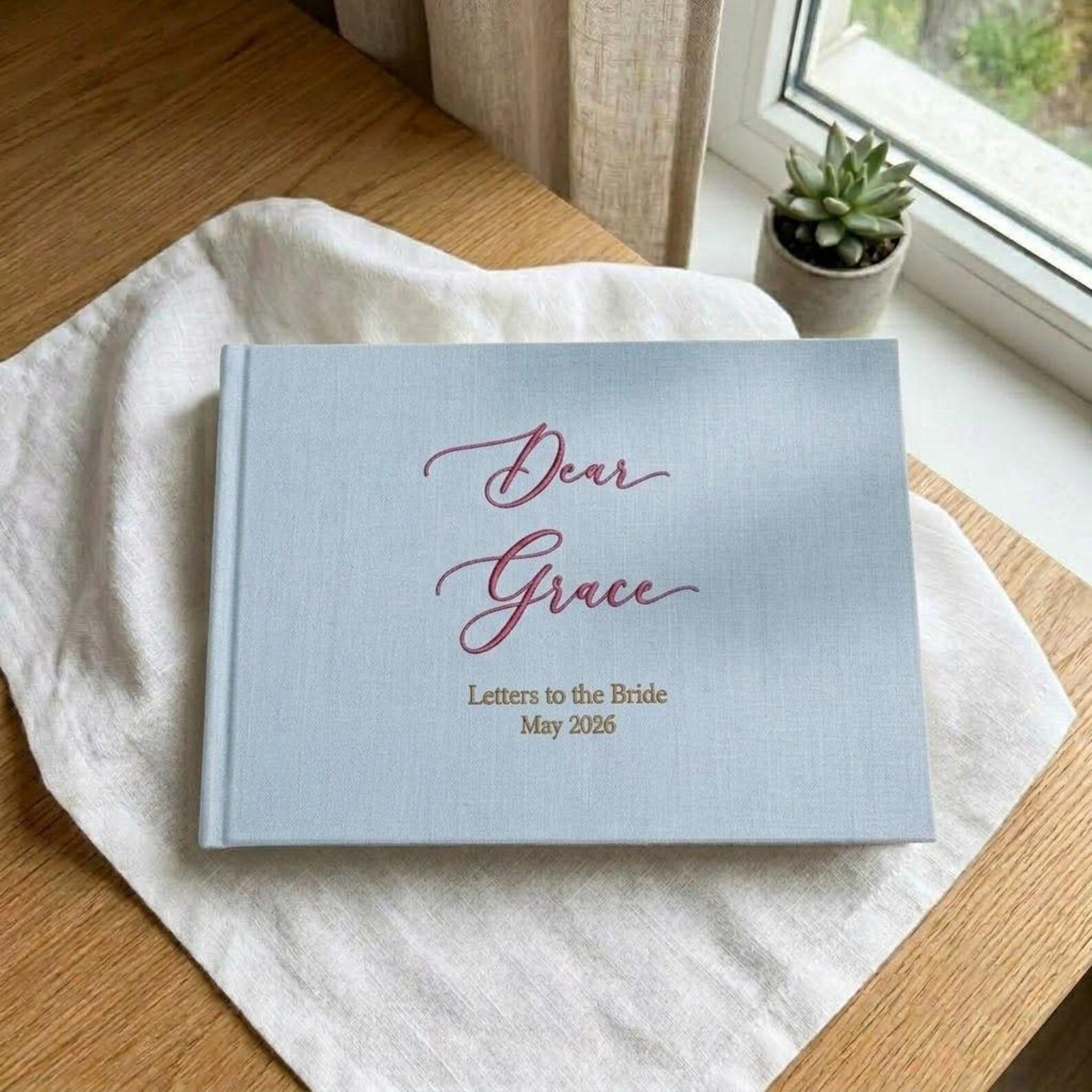 Personalized Letters to the Bride Book, Embroidered Linen Wedding Guest Book, Custom Bridal Shower Gift, Future Mrs Keepsake Album