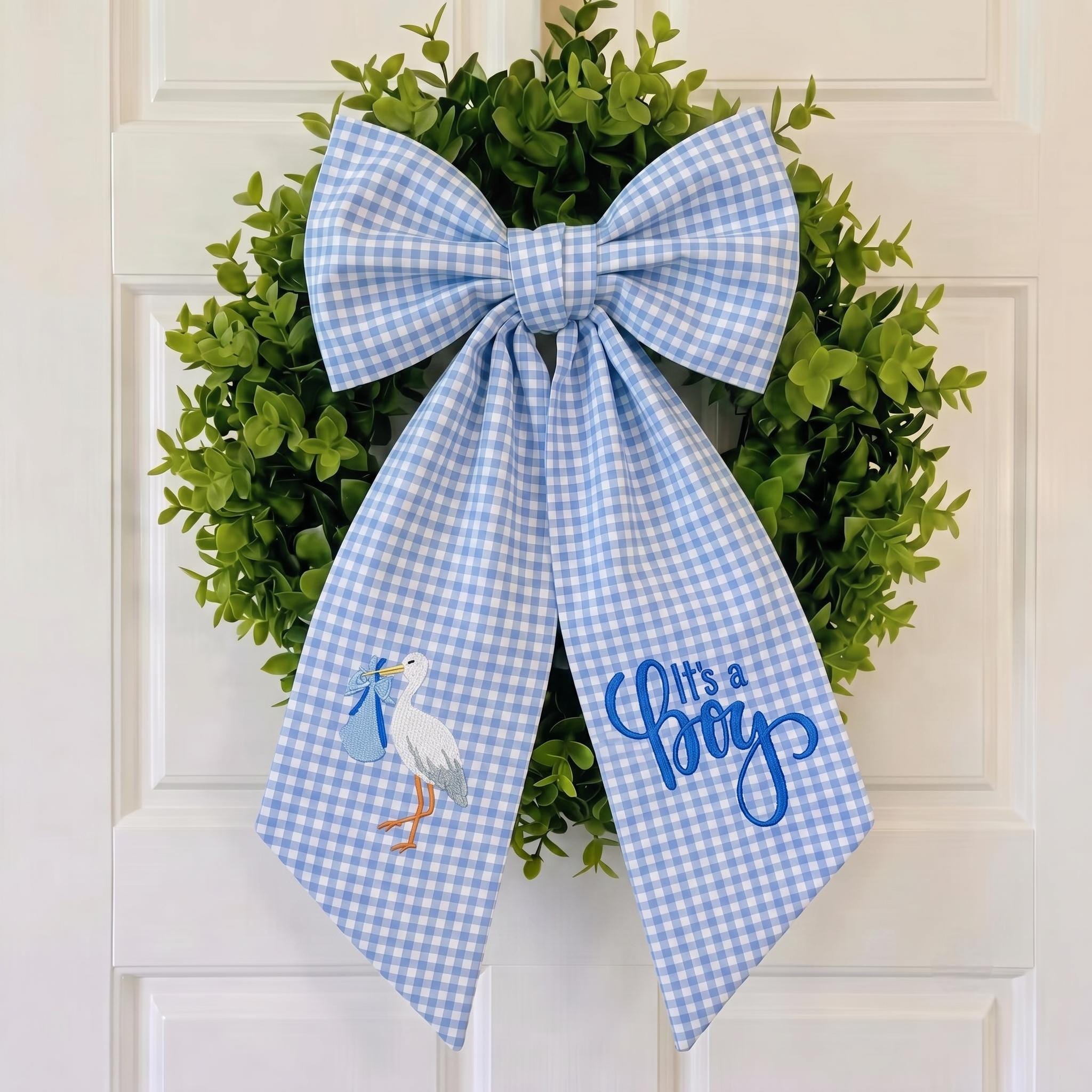 It's a Boy Wreath Bow, Gingham Stork Baby Announcement, Hospital Door Hanger, Baby Shower Gift, Nursery Decor Bow, Welcome Baby Boy