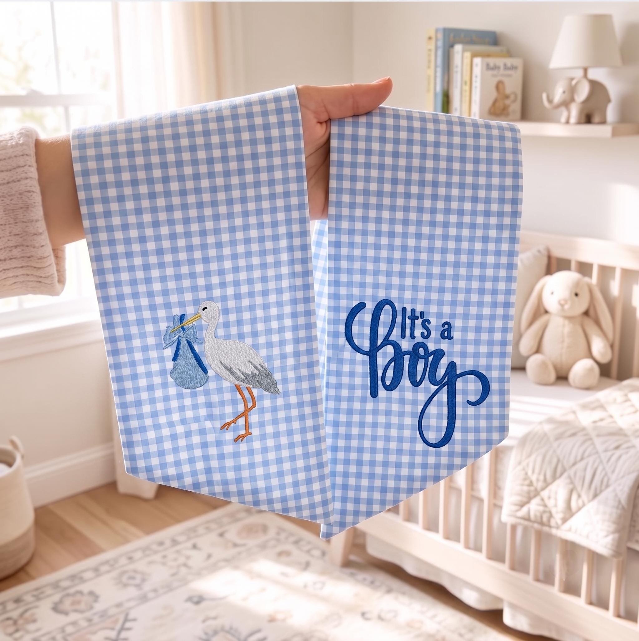 It's a Boy Wreath Bow, Gingham Stork Baby Announcement, Hospital Door Hanger, Baby Shower Gift, Nursery Decor Bow, Welcome Baby Boy