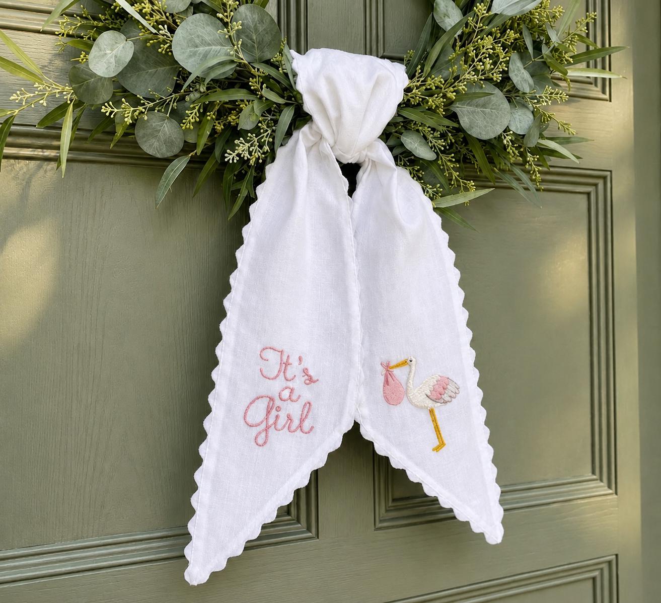 It's a Girl Wreath Sash, Pink Stork Embroidered Door Bow, Hospital Door Hanger, New Baby Announcement, Baby Shower Gift, Gender Reveal