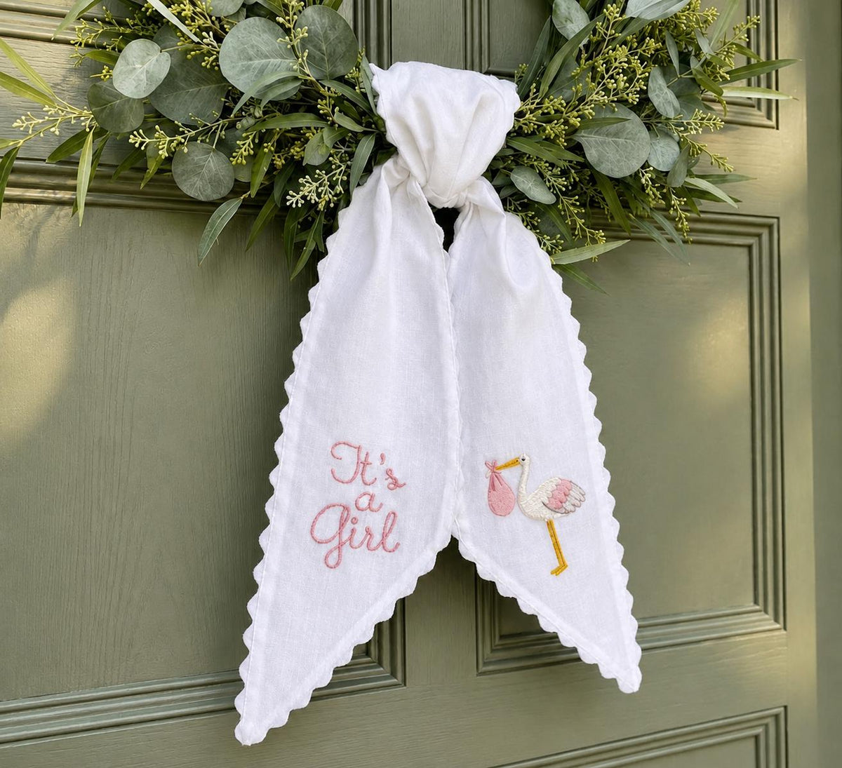 It's a Girl Wreath Sash, Pink Stork Embroidered Door Bow, Hospital Door Hanger, New Baby Announcement, Baby Shower Gift, Gender Reveal