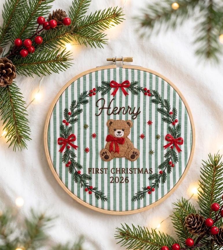 Personalized Baby First Christmas Ornament 2026, Custom Teddy Bear Embroidery Hoop Art, Newborn Name Keepsake Gift