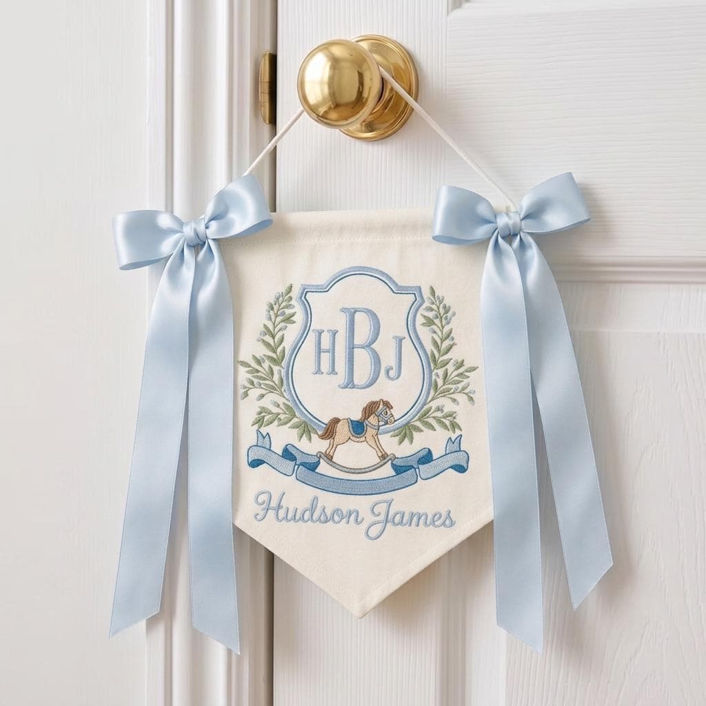 Custom Rocking Horse Nursery Banner, Personalized Baby Boy Banner, Embroidered Monogram Nursery Decor, Custom Hospital Door Sign