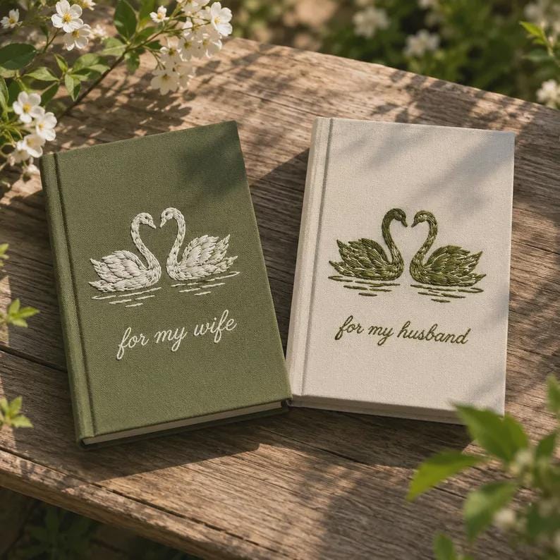 Personalized Hand Embroidered Vow Book Custom Vow Books, Fabric Hard cover, Handmade Notebook , Lily of the Valley, Swans Vow Books