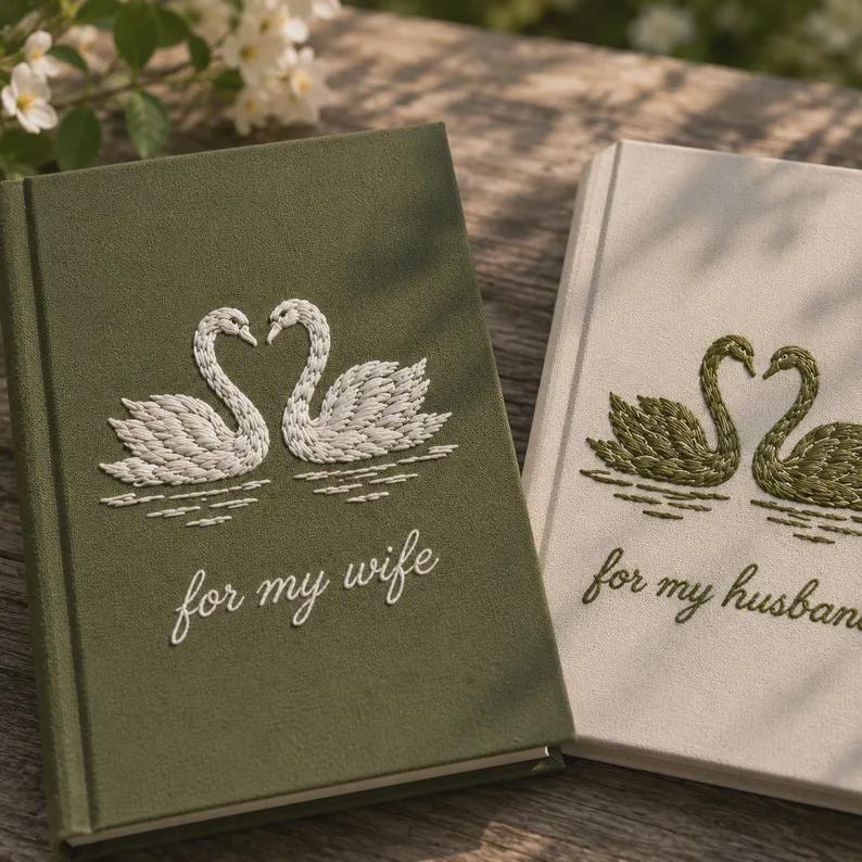Personalized Hand Embroidered Vow Book Custom Vow Books, Fabric Hard cover, Handmade Notebook , Lily of the Valley, Swans Vow Books