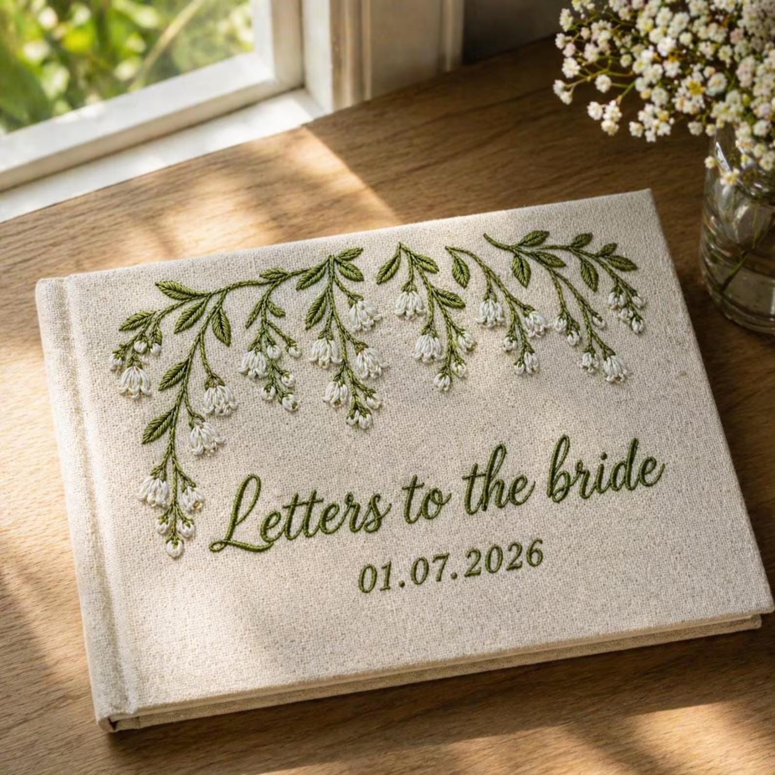 Personalized Letters to the Bride Notebook Hand Embroidered, Custom Linen Wedding Guest Book, Floral Memory Scrapbook