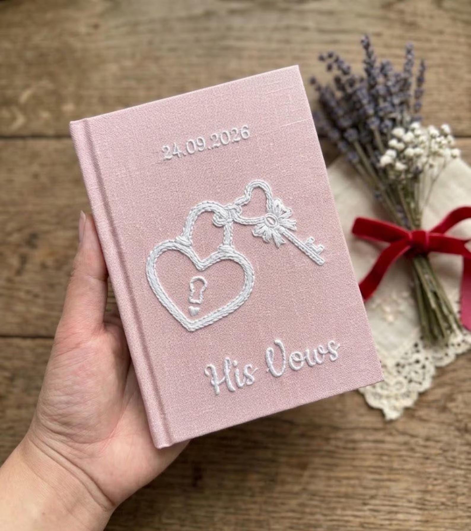 Personalized Hand Embroidered Vows Book, Wedding Doves and Lockets Hand Embroidered Notebook, Fabric Hard cover, Handmade Notebook