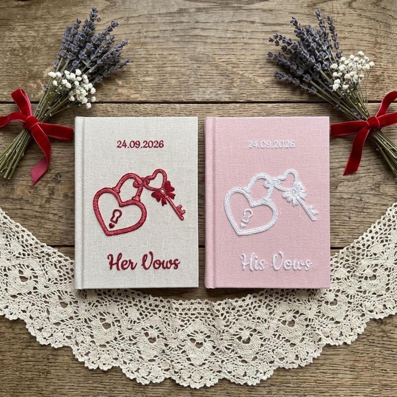Personalized Hand Embroidered Vows Book, Wedding Doves and Lockets Hand Embroidered Notebook, Fabric Hard cover, Handmade Notebook