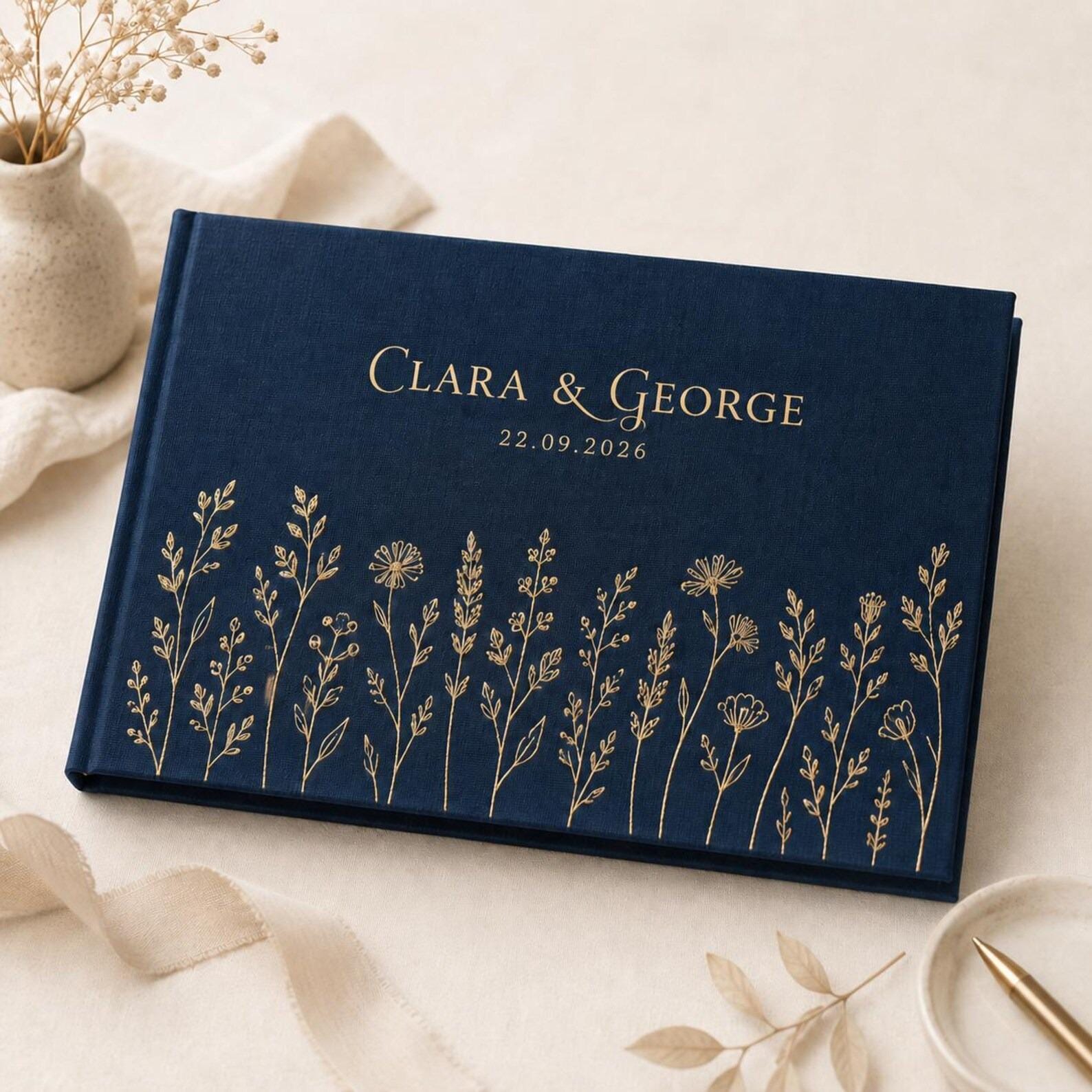 Personalized Wildflower Wedding Guest Book, Gold Embroidered Wildflower Album, Custom Names Date Keepsake, Wedding Guest Book,Gift For Bride