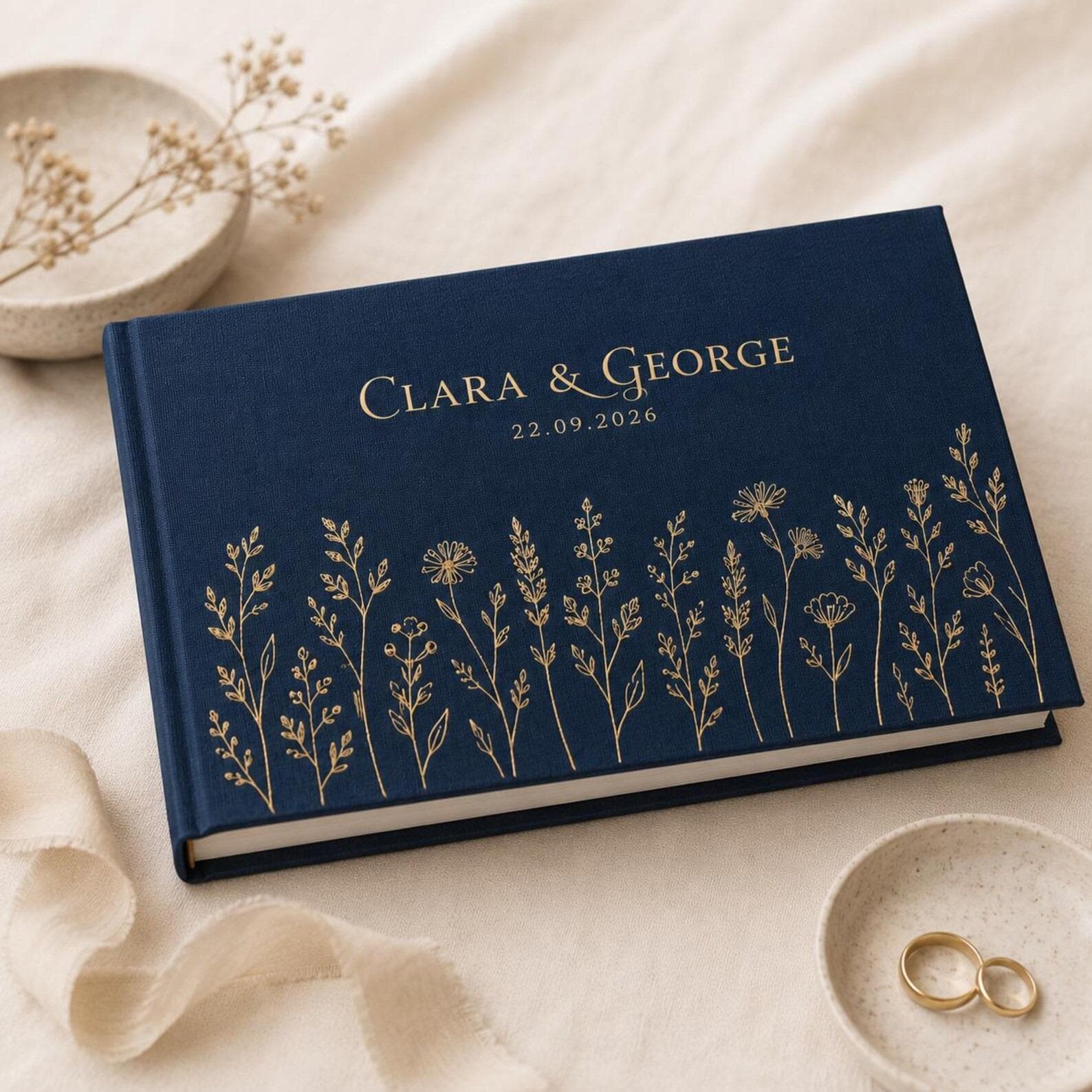 Personalized Wildflower Wedding Guest Book, Gold Embroidered Wildflower Album, Custom Names Date Keepsake, Wedding Guest Book,Gift For Bride