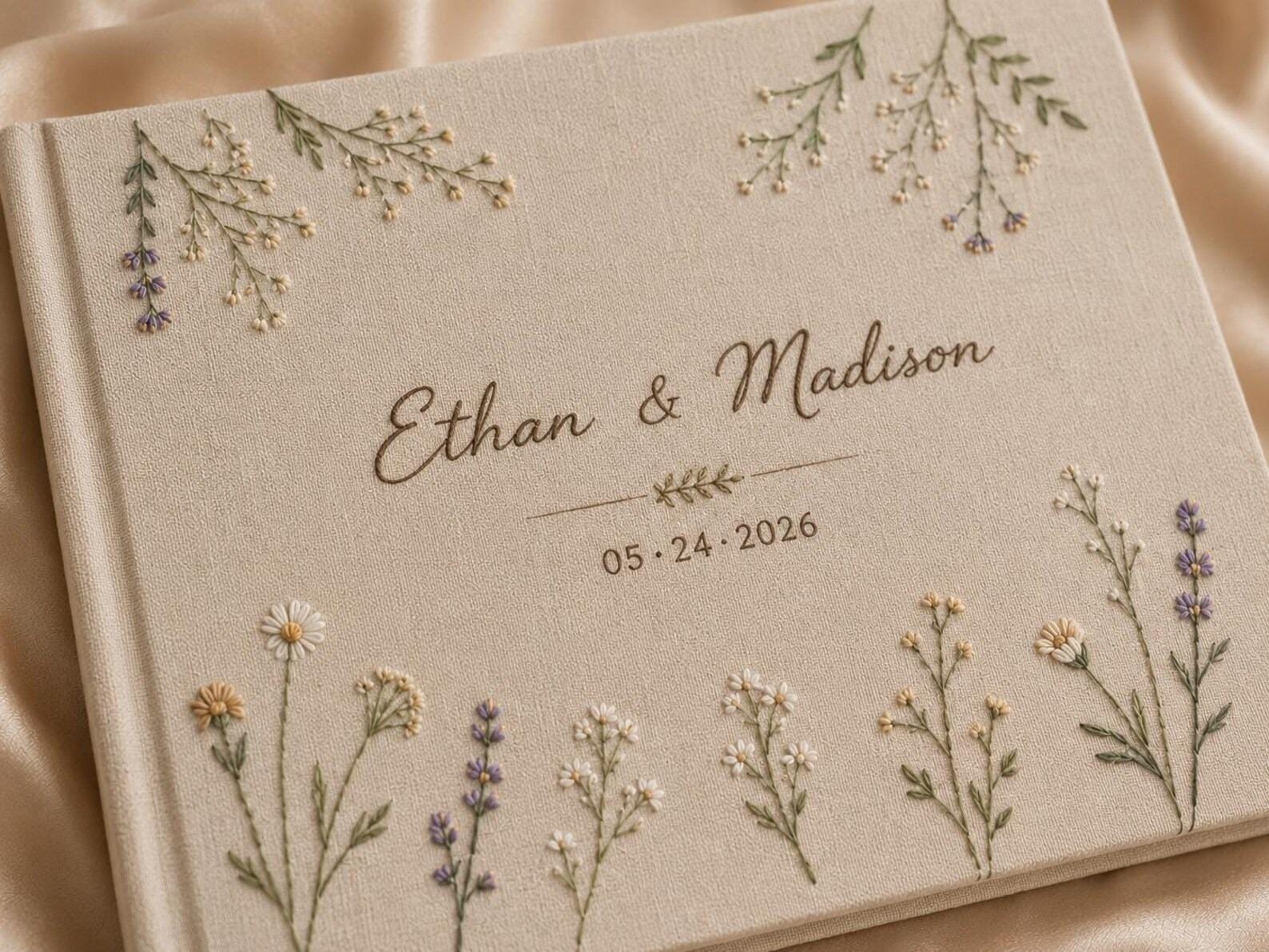 Custom Embroidered Linen Wedding Guest Book, Personalized Landscape Notebook, Hand Embroidered Flowers Memory Book, Hardbound Scrapbook