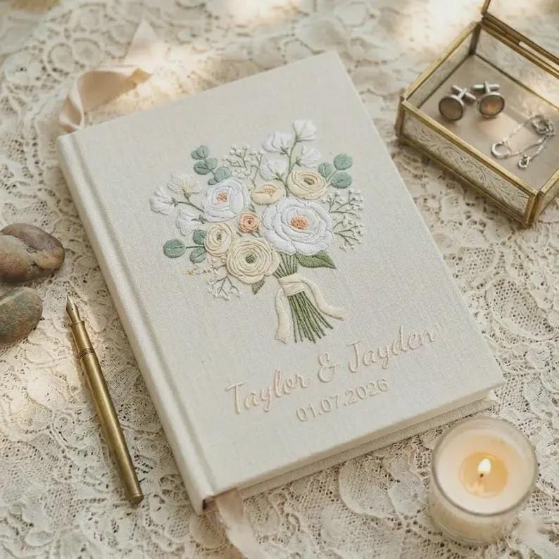 Personalized Wedding Guest Book Embroidered White Floral Bouquet, Custom Linen Memory Book for Bride and Groom, Bridal Shower Gift