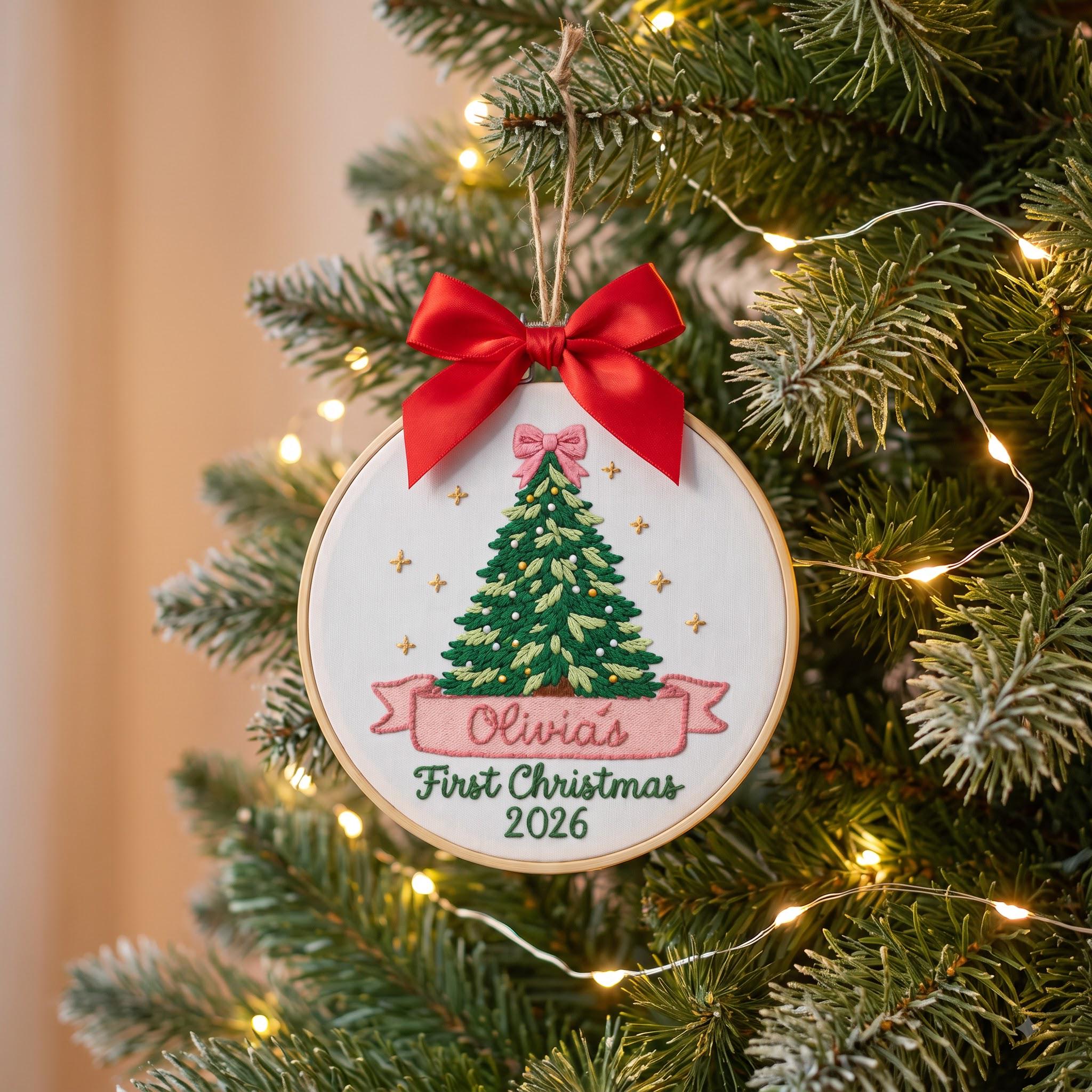 Personalized Baby First Christmas Ornament 2026, Custom Name Embroidered Tree Hoop Keepsake, New Baby Girl Gift