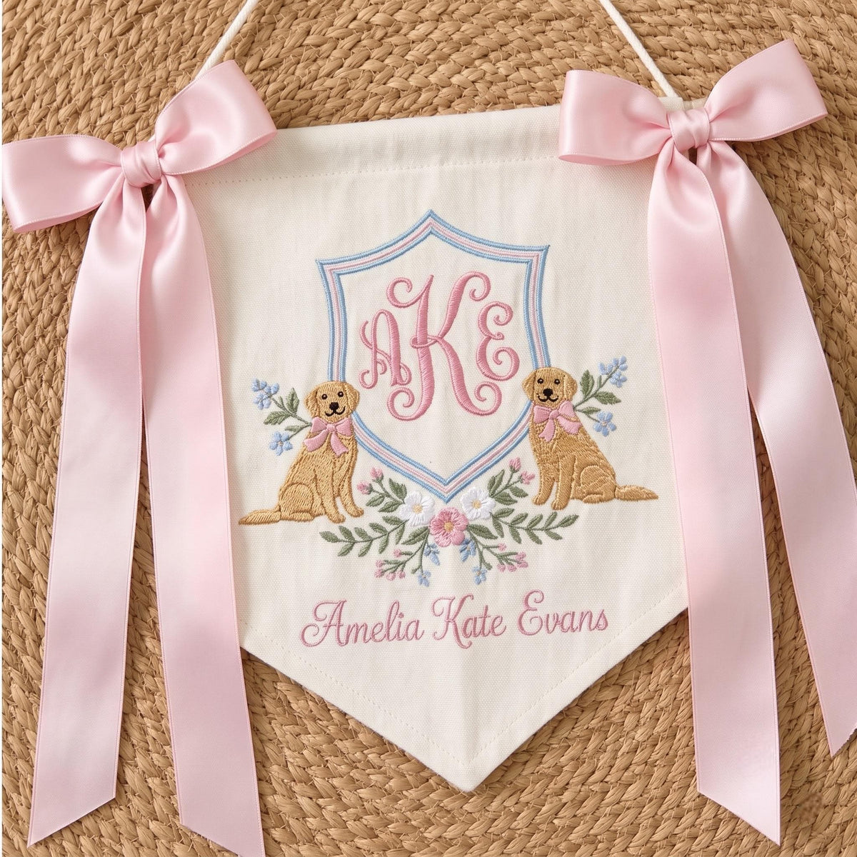 Embroidered Dog Lover Baby Banner, Nursery Baby Wall Hanging, Baby Shower Gift, Welcome Banner, Baby Name Hospital Door Hanger