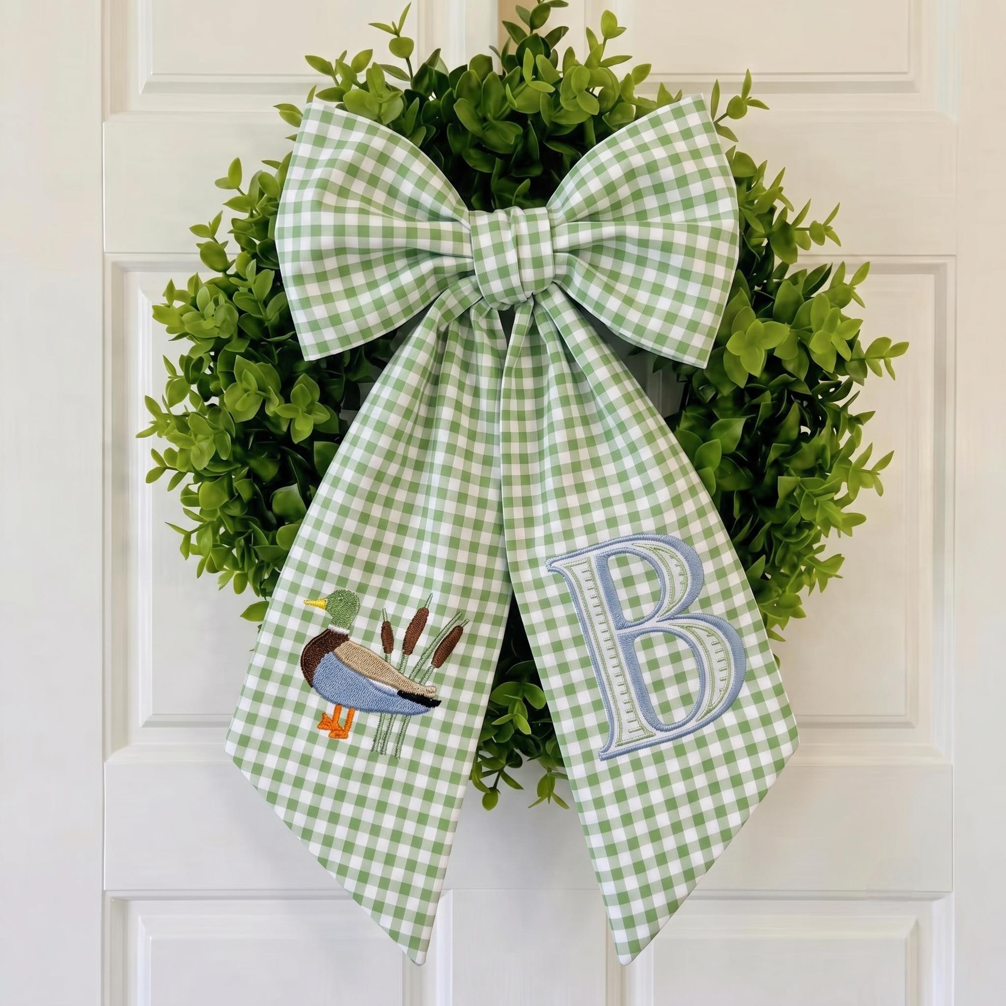 Personalized Baby Wreath Sash, Mallard Duck Monogram Sash, Gingham Nursery Wreath Bow, Baby Boy Door Decor, Custom Initial Gift