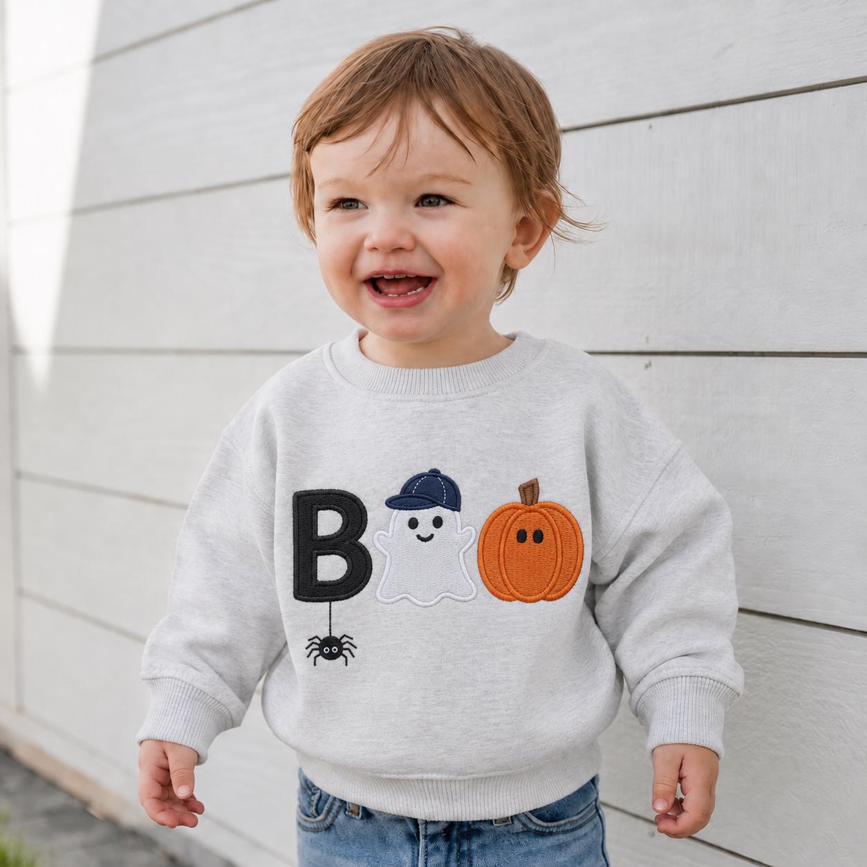 Embroidered BOO Toddler Sweatshirt, Halloween Ghost Pumpkin Crewneck, Cute Kids Fall Shirt, Baby Boy Halloween Outfit
