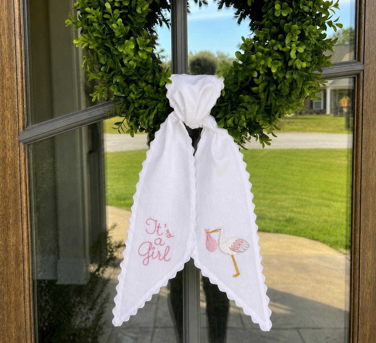 It's a Girl Wreath Sash, Pink Stork Embroidered Door Bow, Hospital Door Hanger, New Baby Announcement, Baby Shower Gift, Gender Reveal