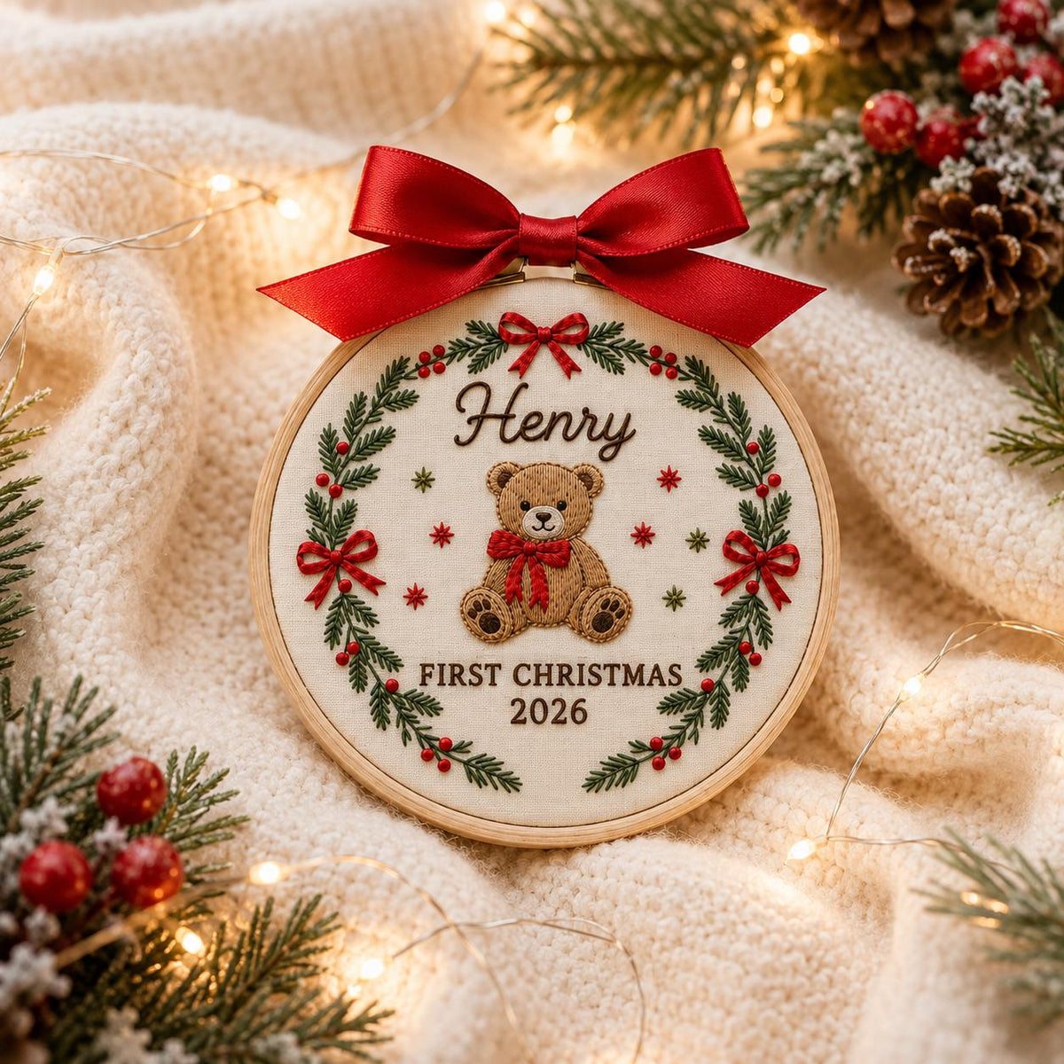 Personalized Baby First Christmas Ornament 2026, Custom Teddy Bear Embroidery Hoop Art, Newborn Name Keepsake Gift