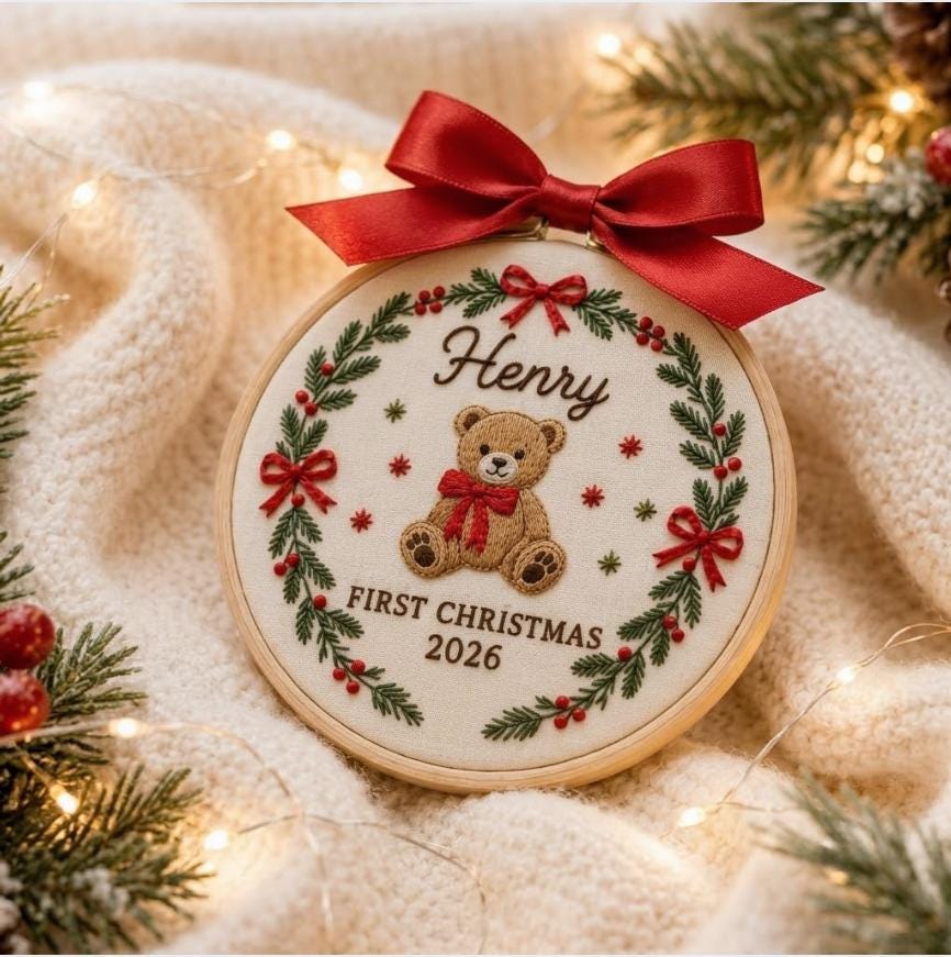 Personalized Baby First Christmas Ornament 2026, Custom Teddy Bear Embroidery Hoop Art, Newborn Name Keepsake Gift