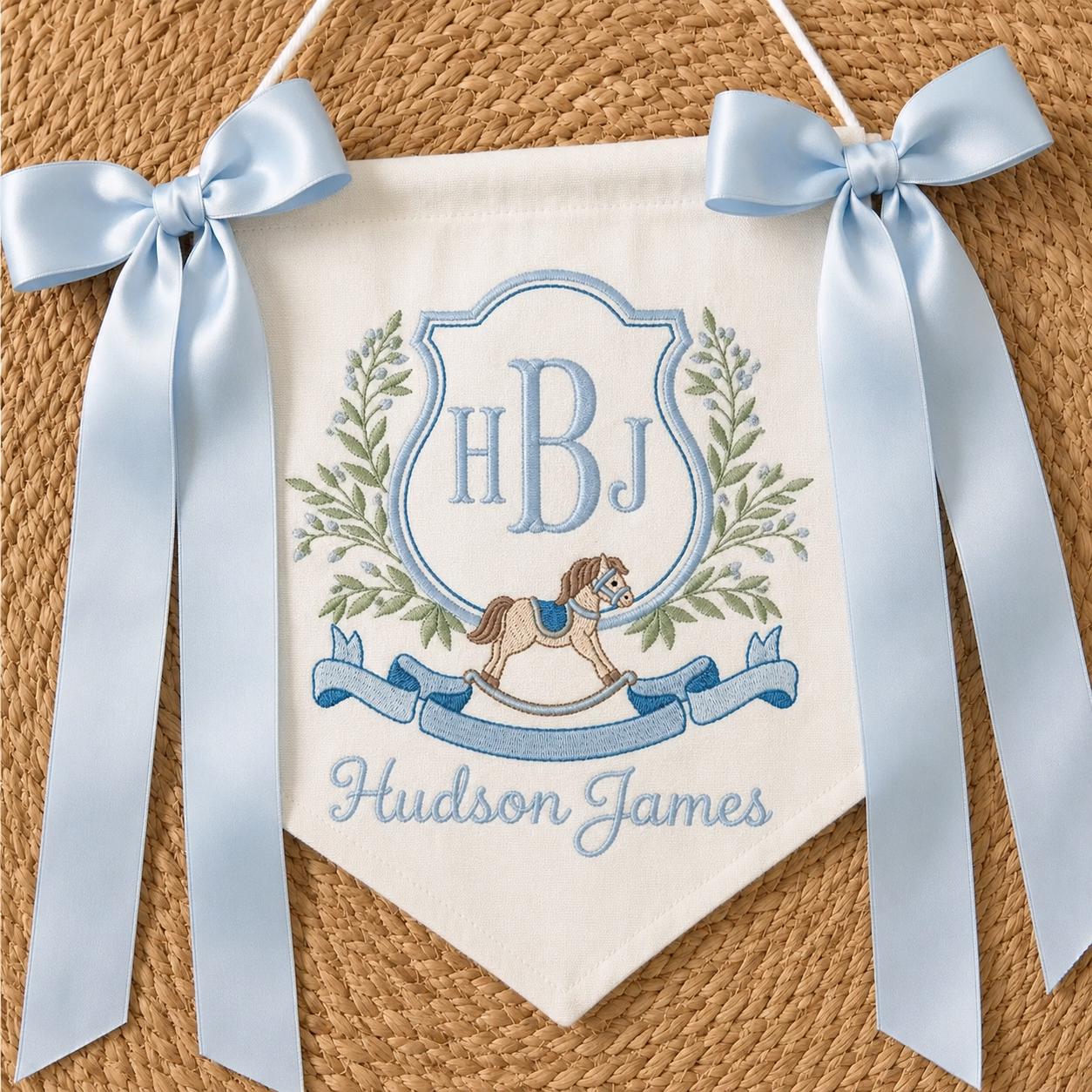 Custom Rocking Horse Nursery Banner, Personalized Baby Boy Banner, Embroidered Monogram Nursery Decor, Custom Hospital Door Sign