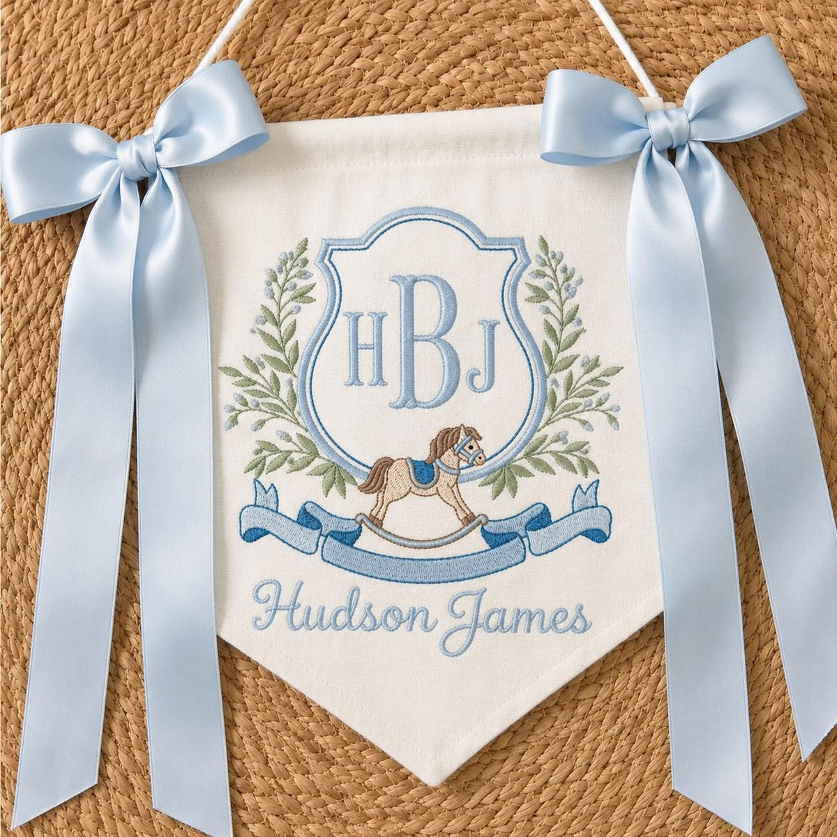 Custom Rocking Horse Nursery Banner, Personalized Baby Boy Banner, Embroidered Monogram Nursery Decor, Custom Hospital Door Sign