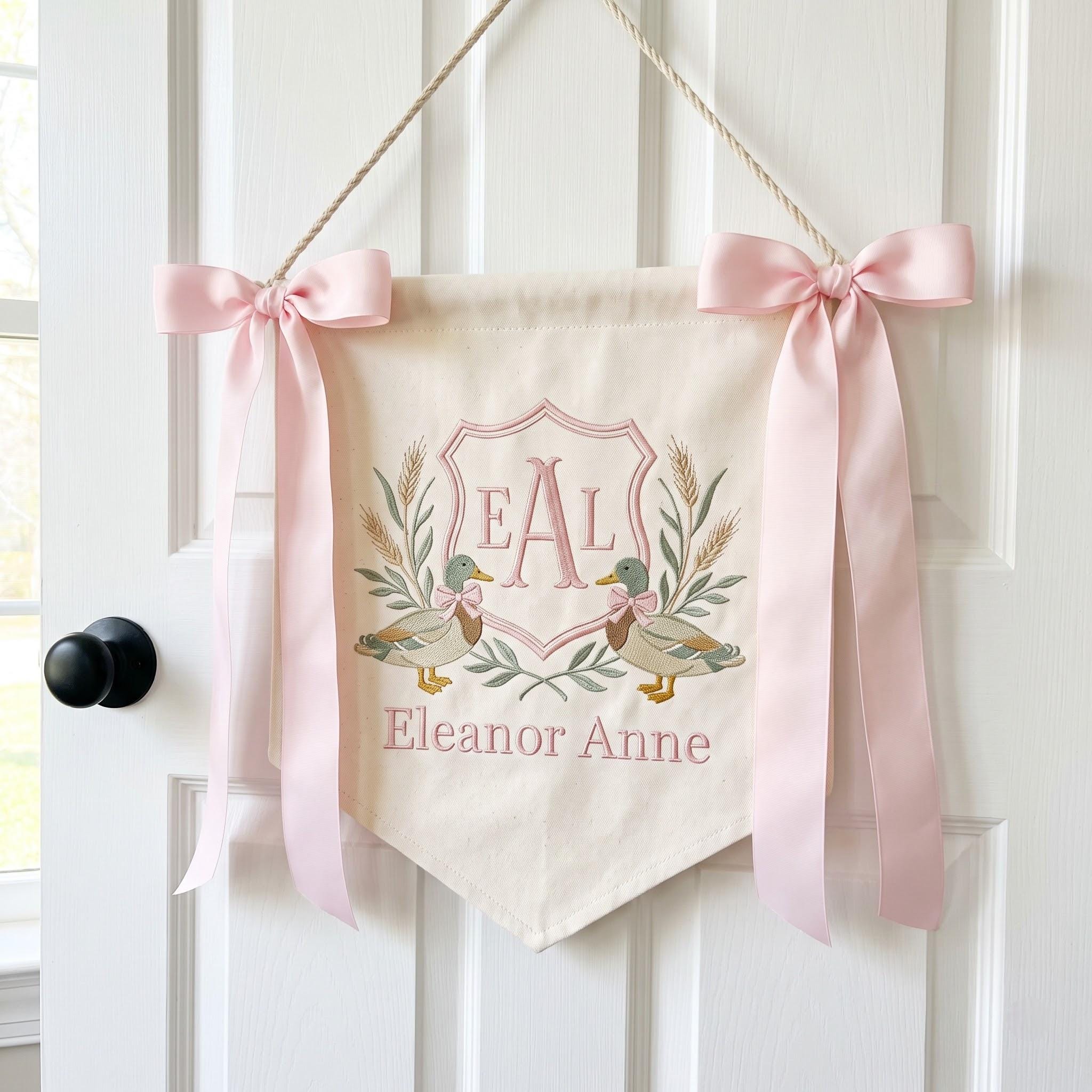 Personalized Embroidered Nursery Banner, Mallard Duck Baby Name Wall Hanging, Monogram Nursery Decor, Baby Girl Keepsake Gift