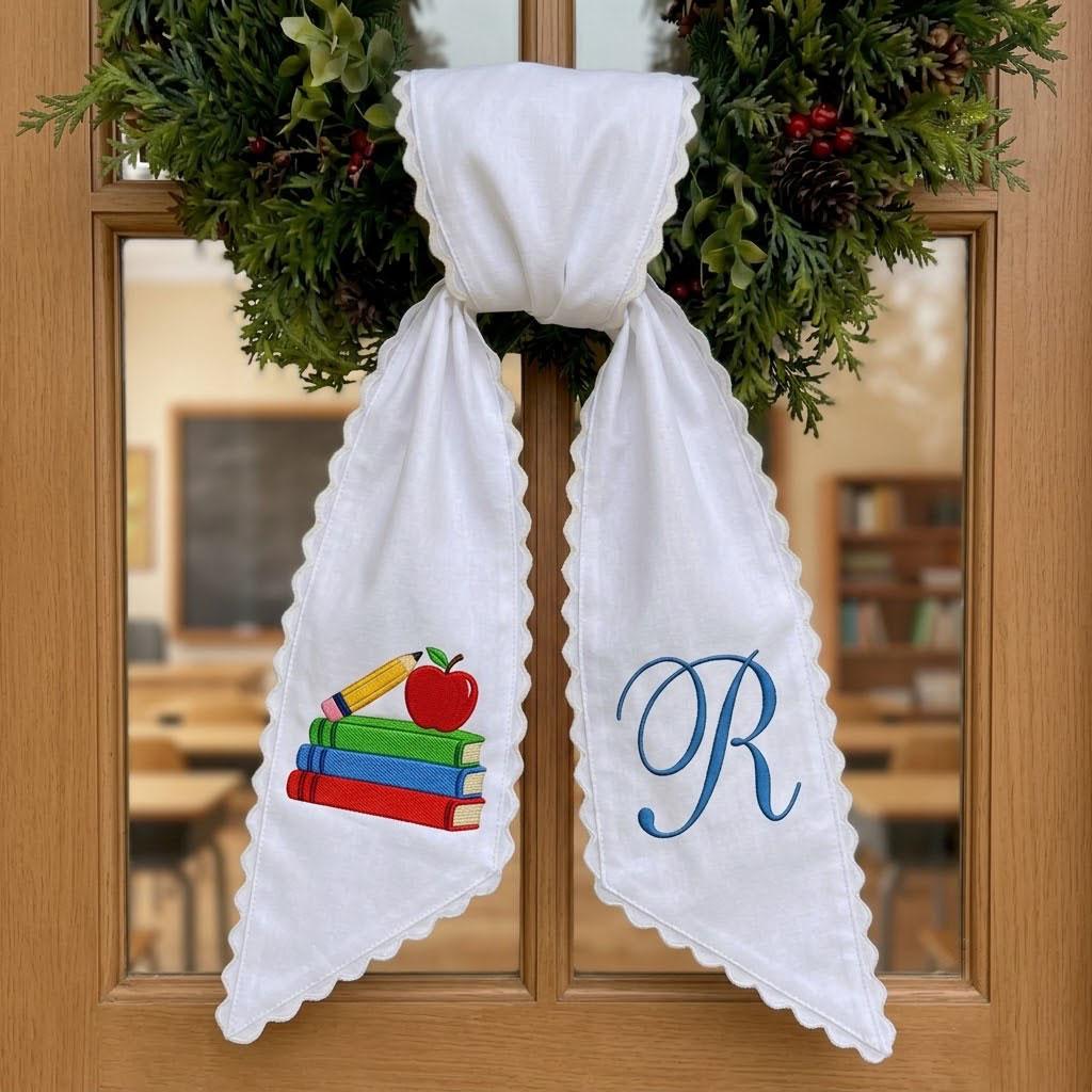 Personalized Teacher Wreath Sash, Monogram School Wreath Bow, Embroidered Books Apple Pencil Sash, Teacher Classroom Door Decor
