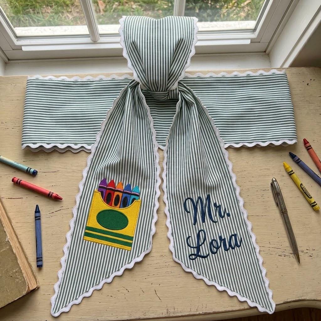 Personalized Teacher Wreath Sash, Embroidered Crayon Wreath Bow, Custom Teacher Name Sash, Classroom Door Decor, Teacher Gift